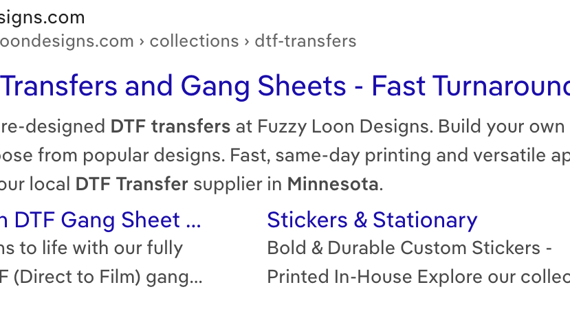 google first page search results for DTF Transfers in Minnesota. Fuzzy Loon Designs DTF Waite park, MN