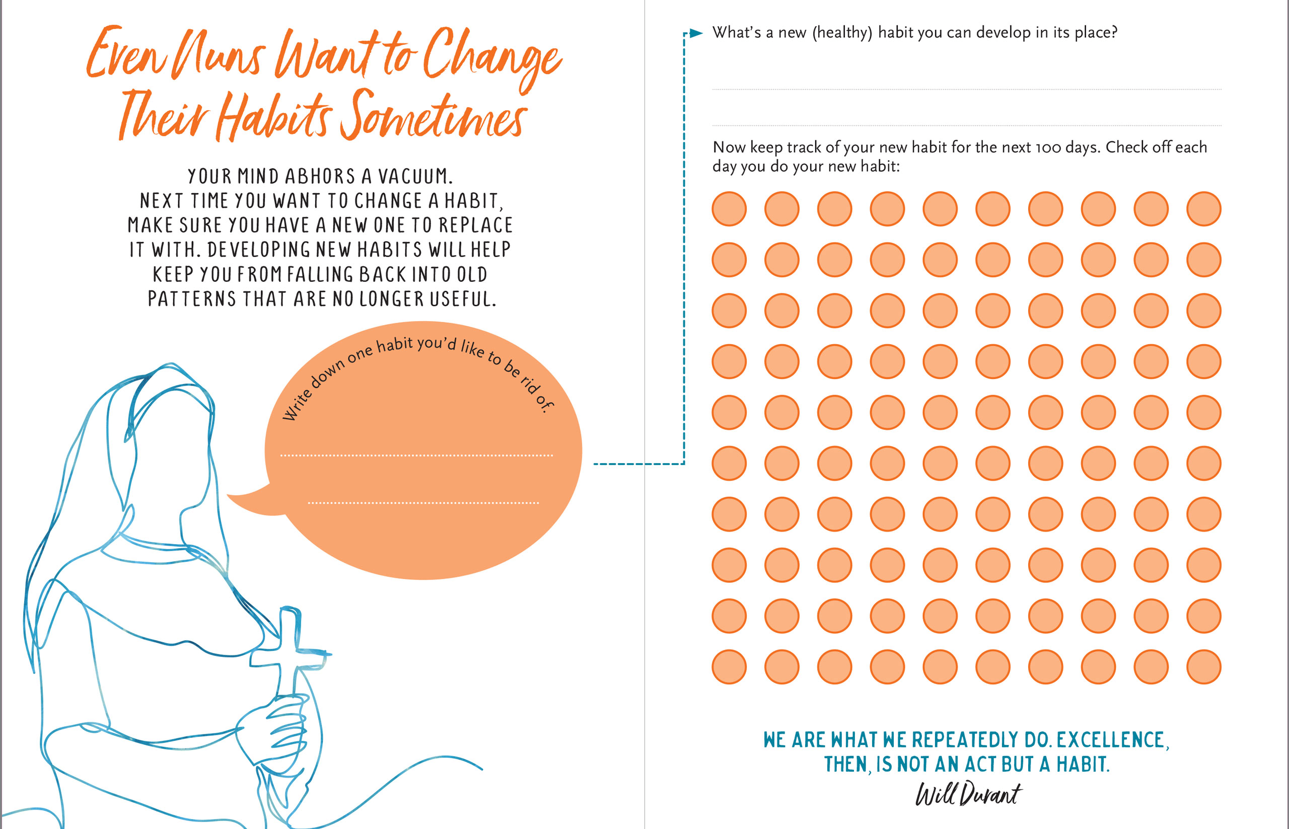 Illustration of a nun holding a cross with text encouraging habit change. Includes space to write a habit to quit, a 100-day tracking grid, and a motivational quote.