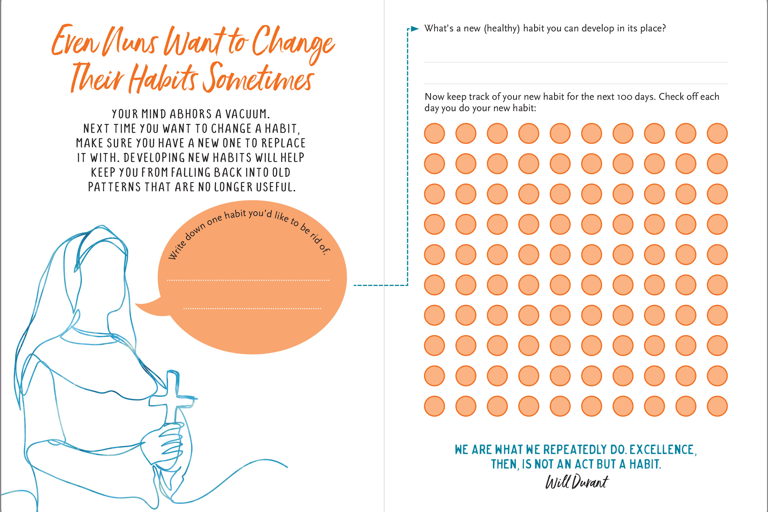 Illustration of a nun holding a cross with text encouraging habit change. Includes space to write a habit to quit, a 100-day tracking grid, and a motivational quote.