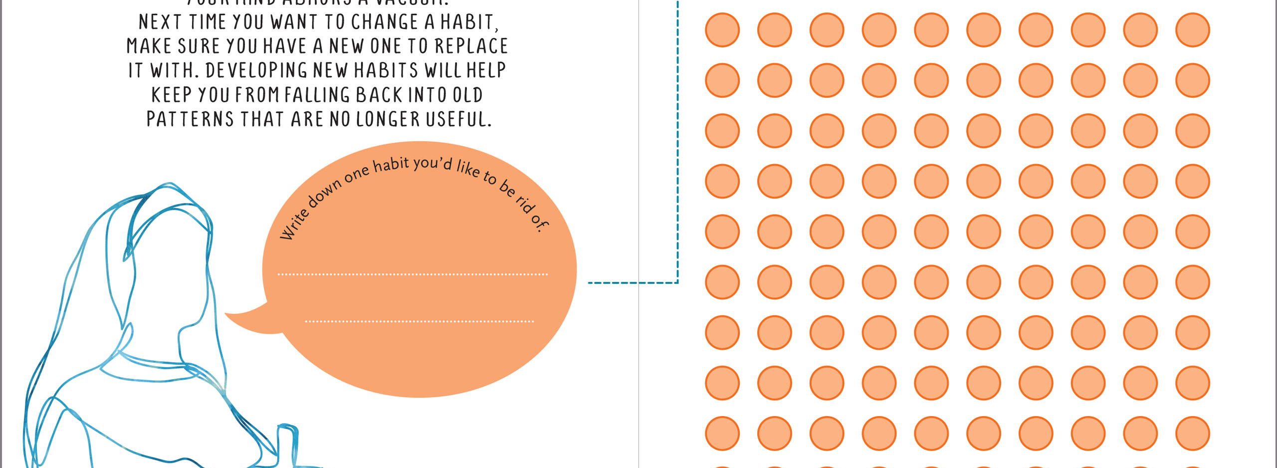 Illustration of a nun holding a cross with text encouraging habit change. Includes space to write a habit to quit, a 100-day tracking grid, and a motivational quote.