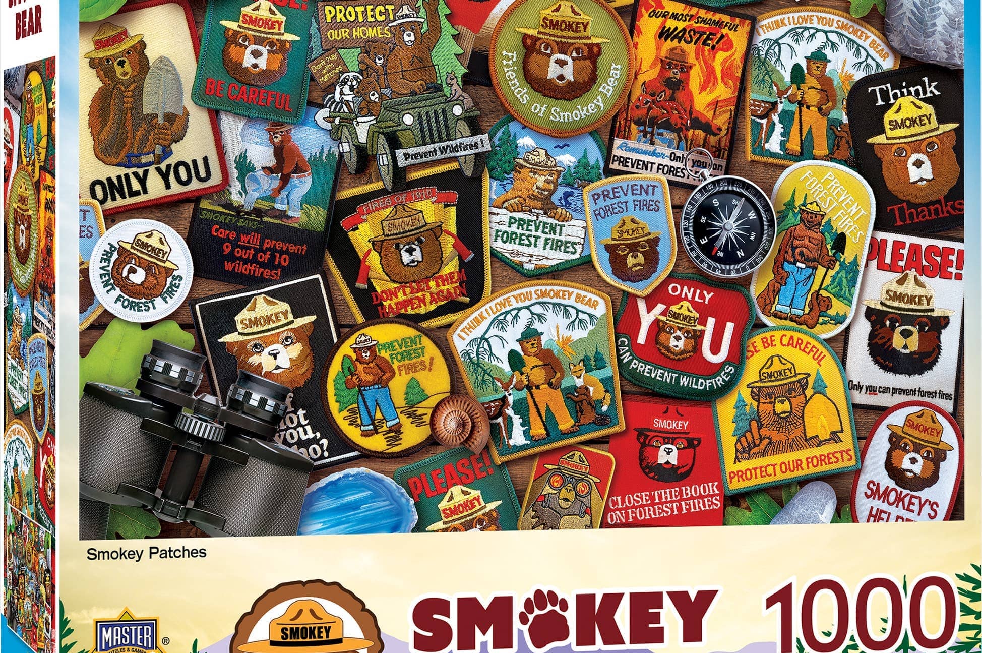 Smokey Bear puzzle box with various patches and Smokey the Bear logo.
