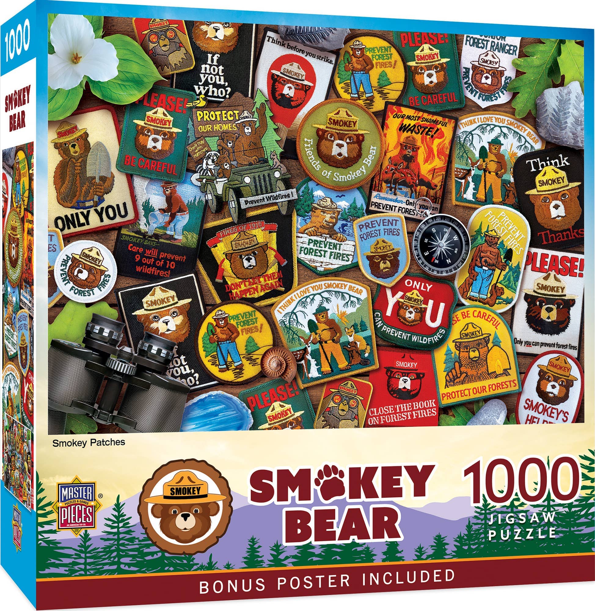 Smokey Bear puzzle box with various patches and Smokey the Bear logo.