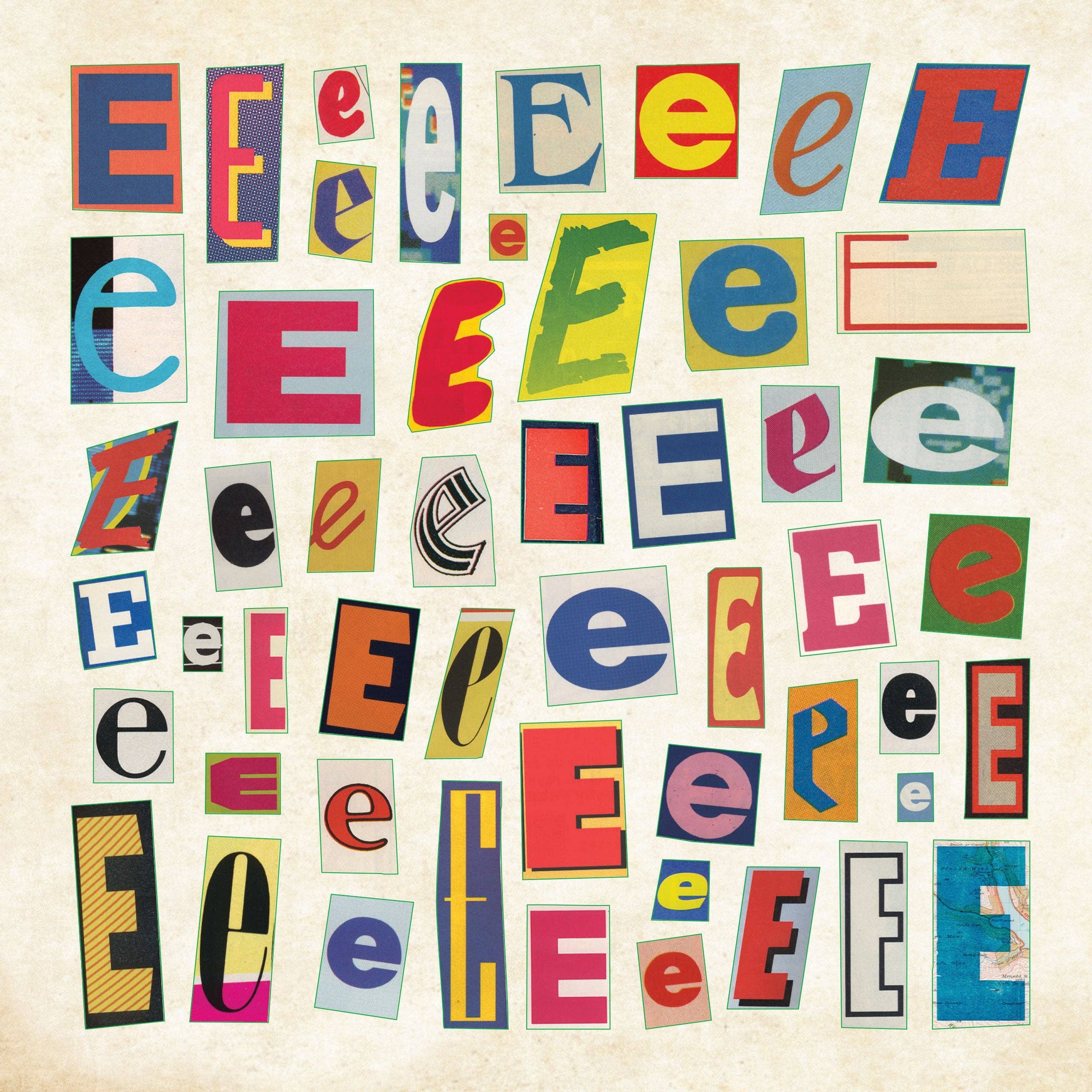 A collage of letter "E" cut-outs in various fonts and colors on a textured beige background. The lively mix conveys a playful and artistic tone.
