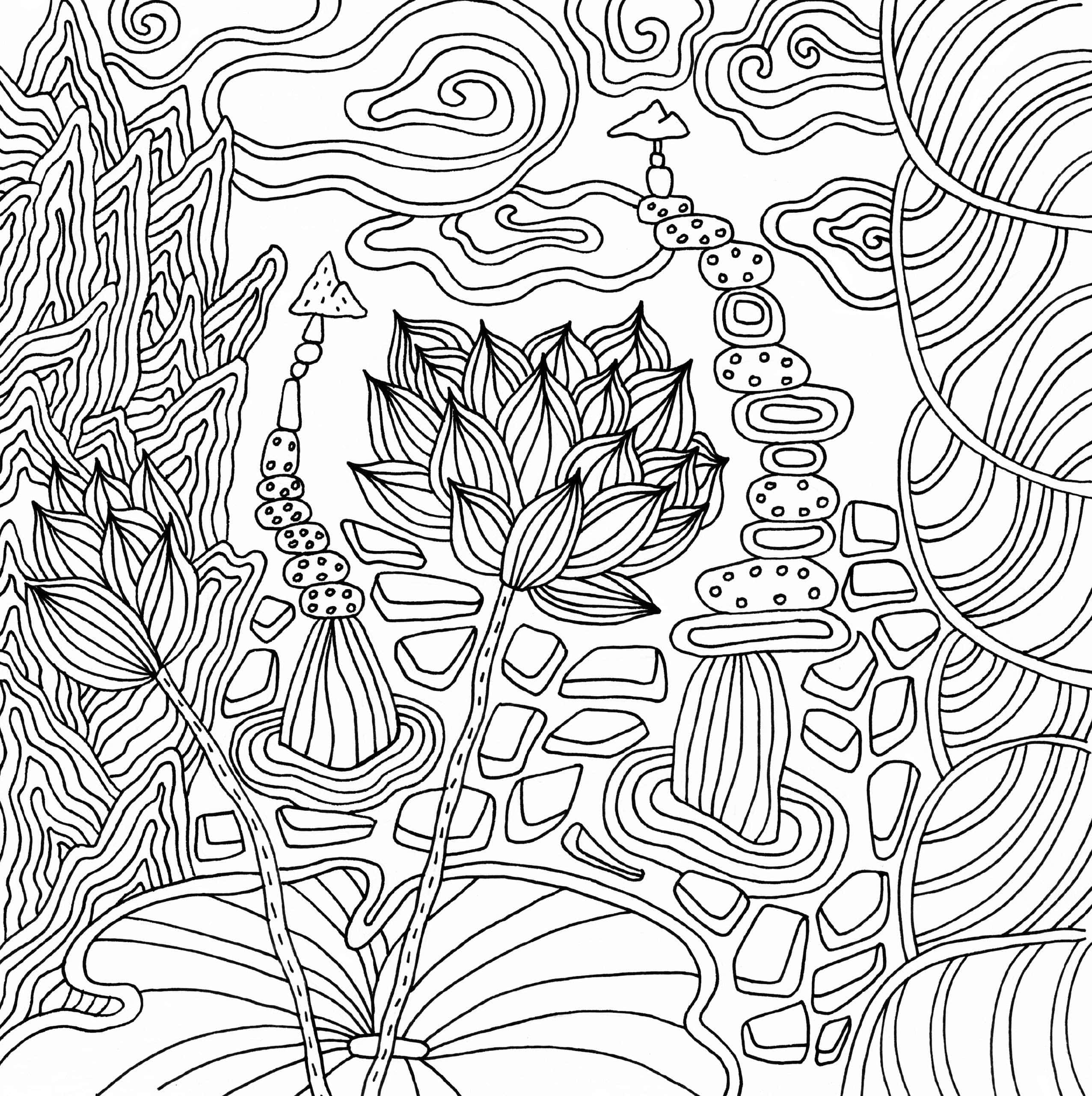 Abstract black and white line art features intricate, swirling patterns with a central lotus flower, layered leaves, and decorative stones, conveying a calming, surreal atmosphere.