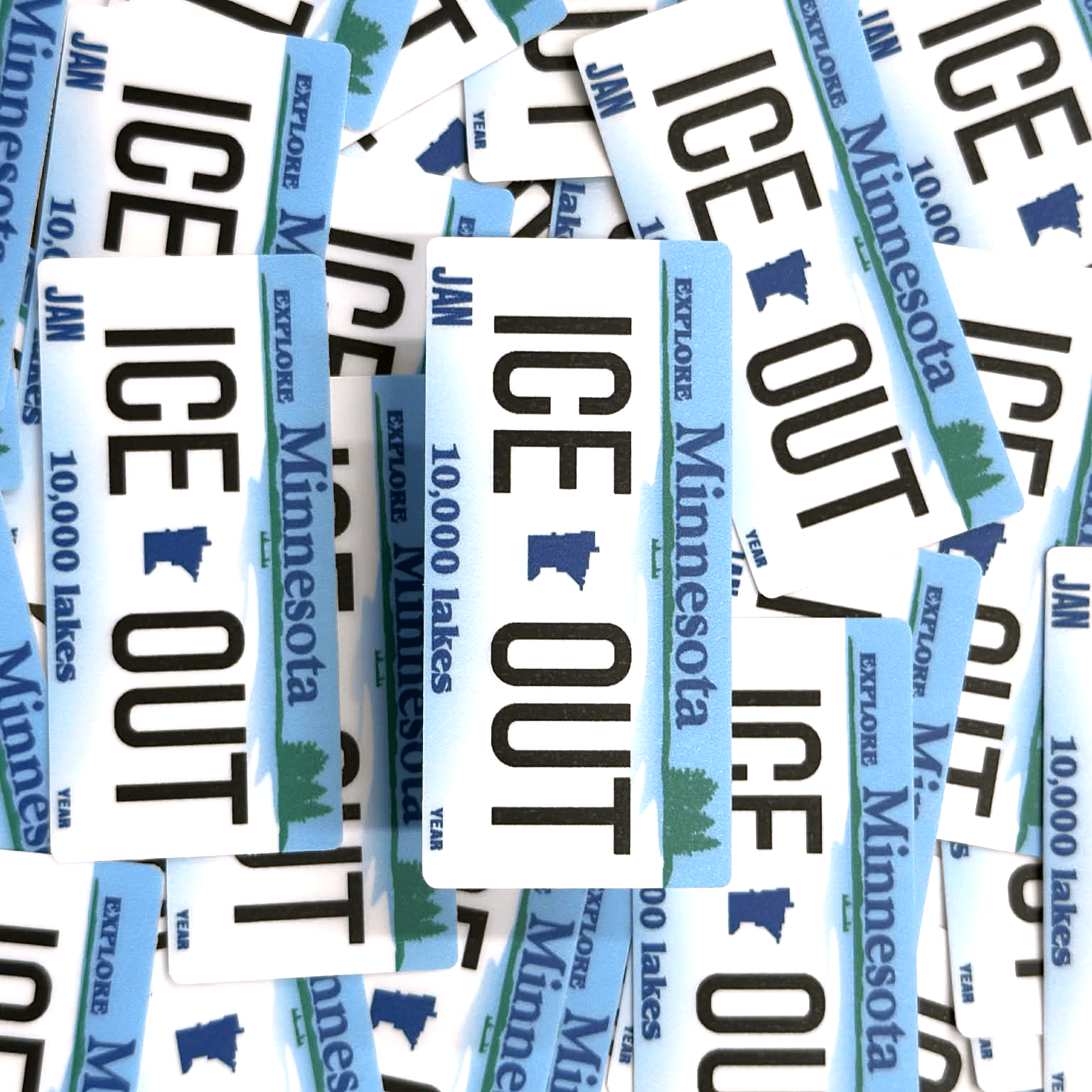Collection of 'ICE OUT'Minnesota ice fishing license stickers.