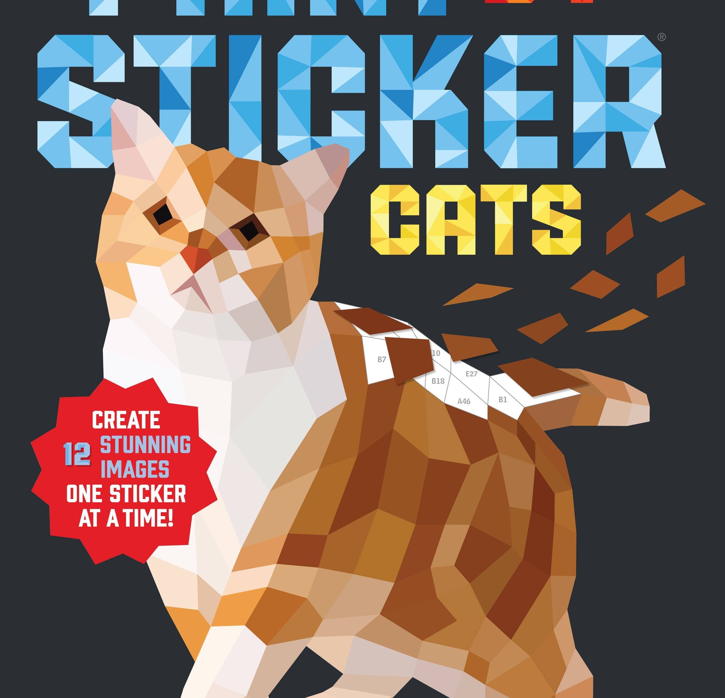 Book cover of 'Paint by Sticker Cats' with a cat illustration and text on a dark background