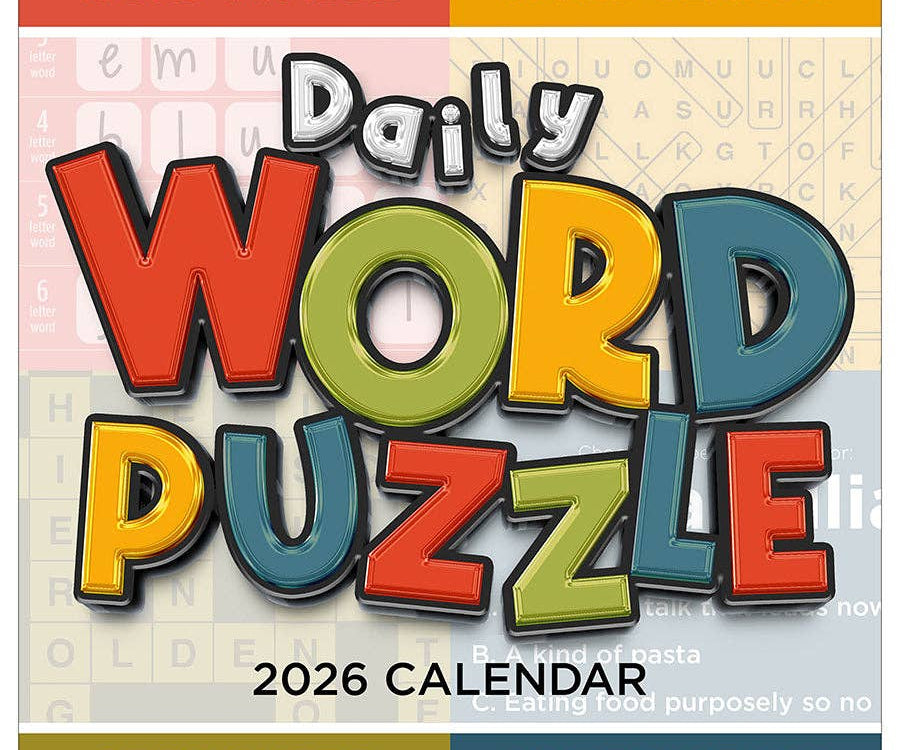 Bold, colorful text reads "Daily Word Puzzle 2026 Calendar" against a background of puzzle pieces. Sections labeled "Word Jumble," "Word Search," "Crossword," and "Hi-Definition."