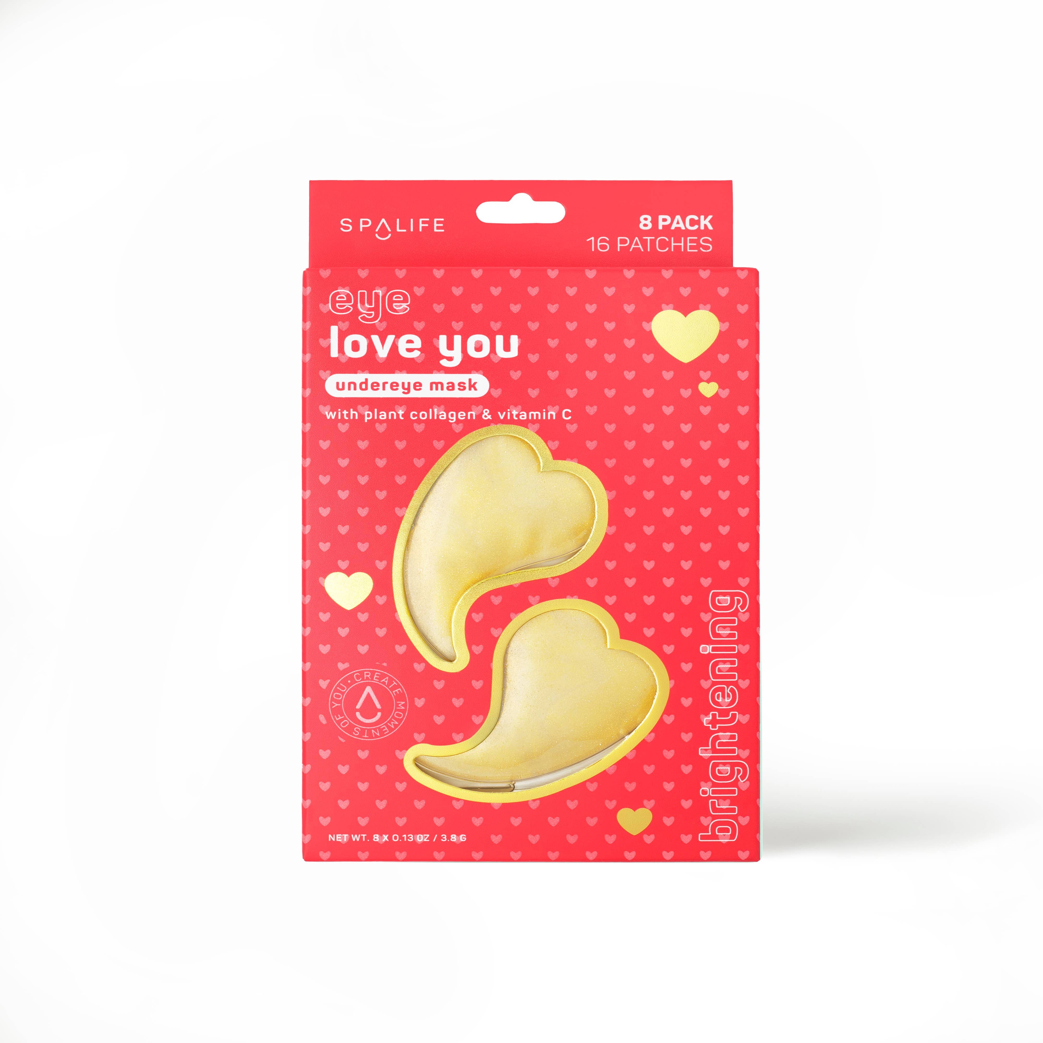 Red packaging for a love-themed under-eye mask featuring heart designs. Includes text: "plant collagen," "vitamin C," "brightening," and "16 patches."