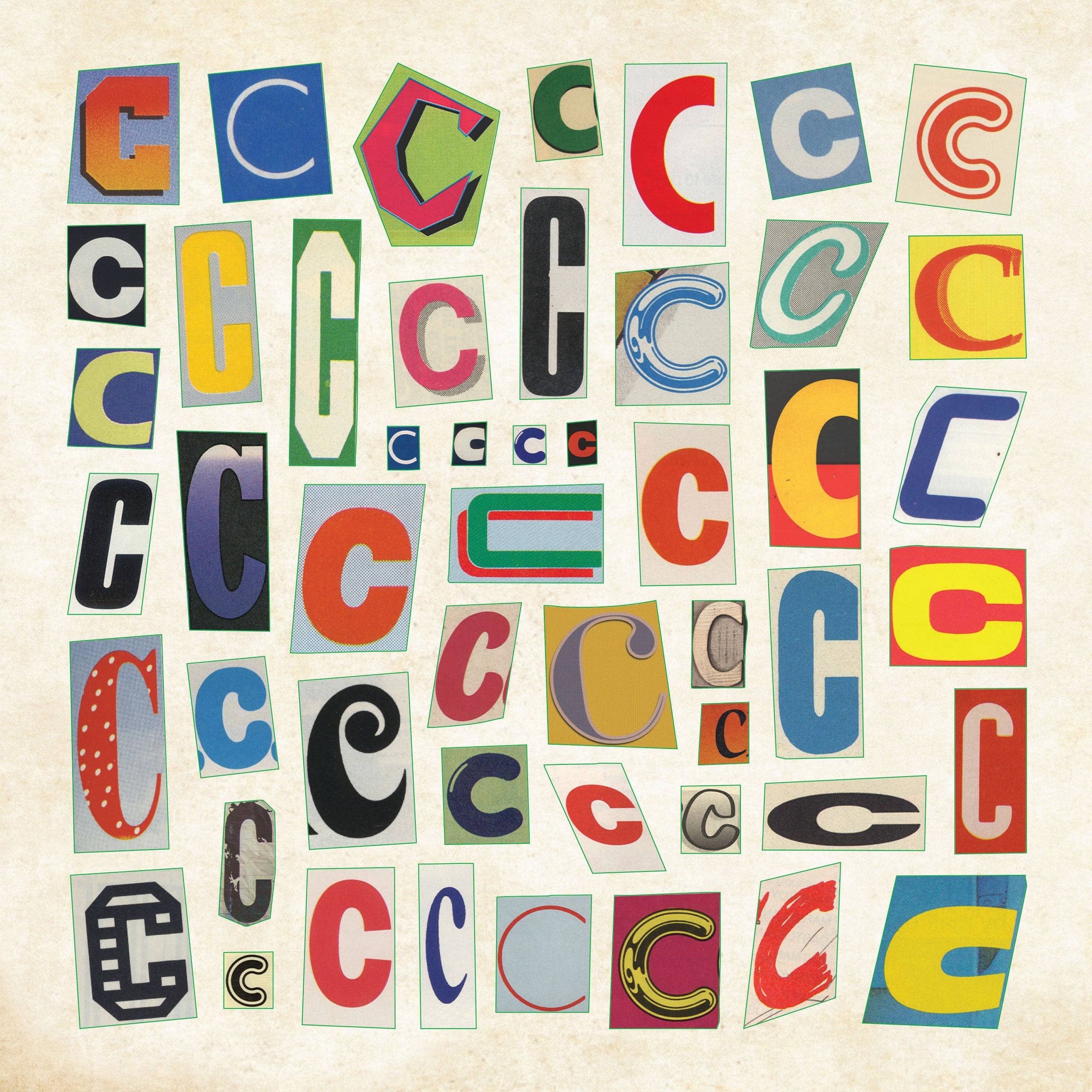 A collage of letter "c" cut-outs in various fonts and colors on a textured beige background. The lively mix conveys a playful and artistic tone.