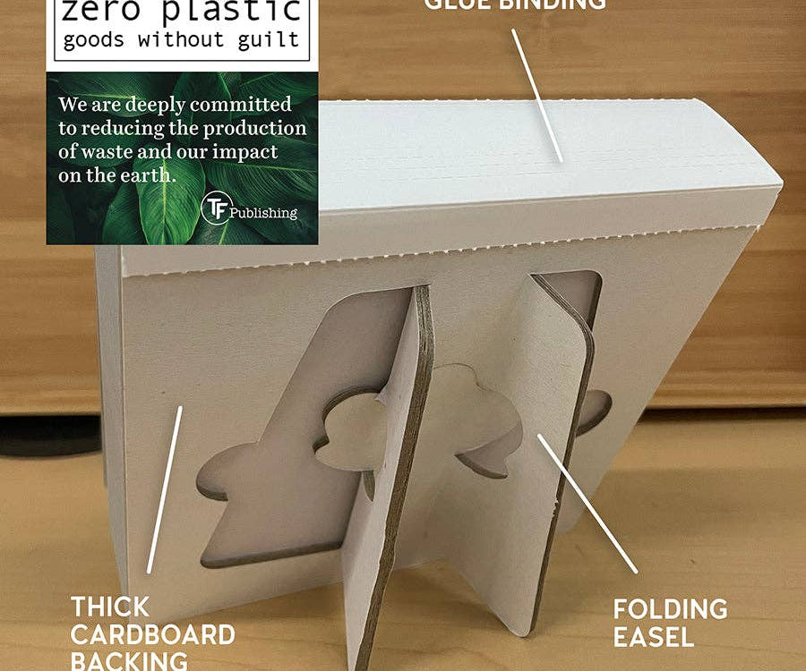 Eco-friendly packaging with cardboard backing and folding easel. Labels highlight zero plastic use and glue binding. Message on commitment to reducing waste.