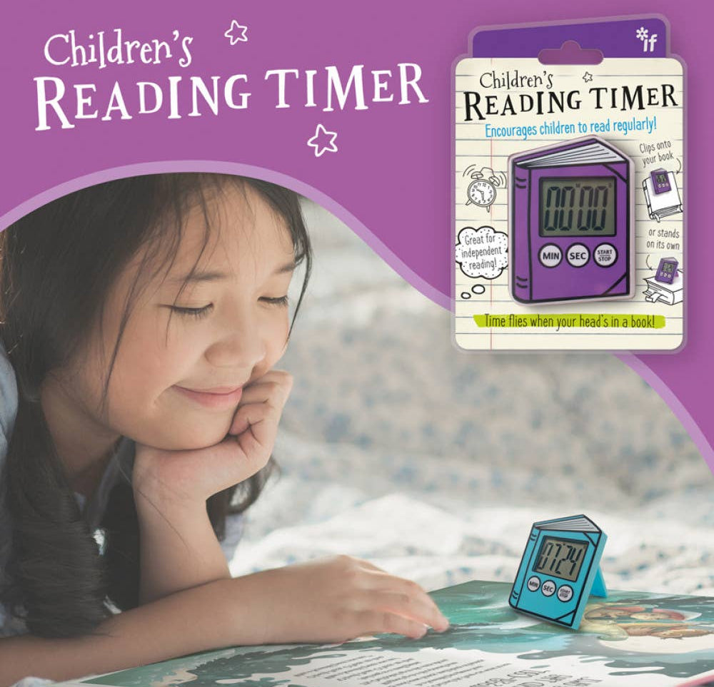 A young girl smiles while reading a book. In the foreground, a purple reading timer displays "02:14." The packaging promotes it as encouraging reading.