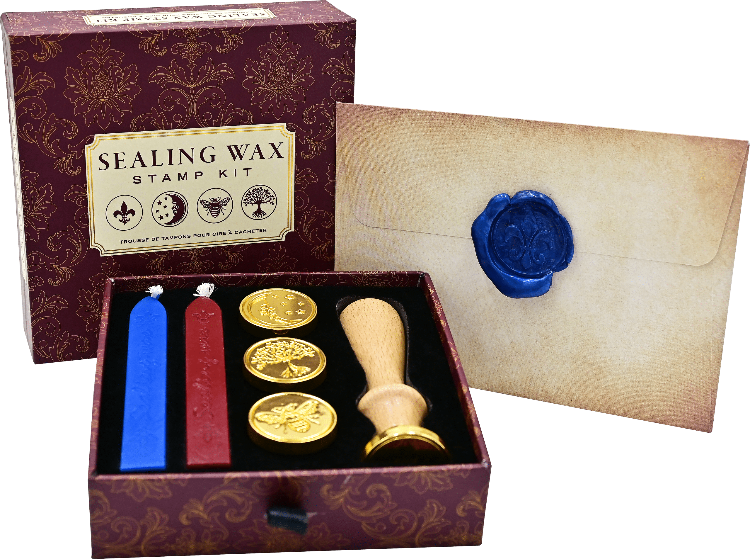 Sealing wax stamp kit with a wooden stamp handle, gold seal molds, and red and blue wax sticks. An envelope with a blue wax seal is beside it.
