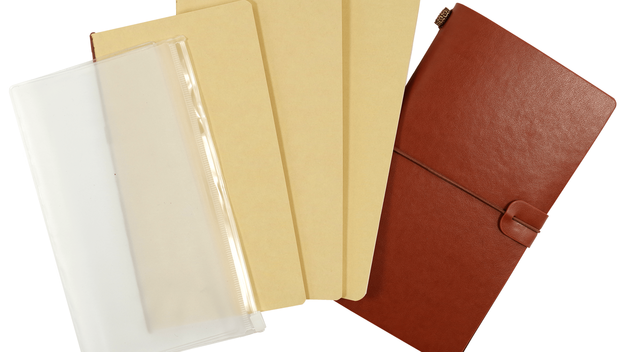 A selection of notebook dividers is displayed. From left to right: a white plastic pouch, two beige dividers, and a closed brown leather cover.