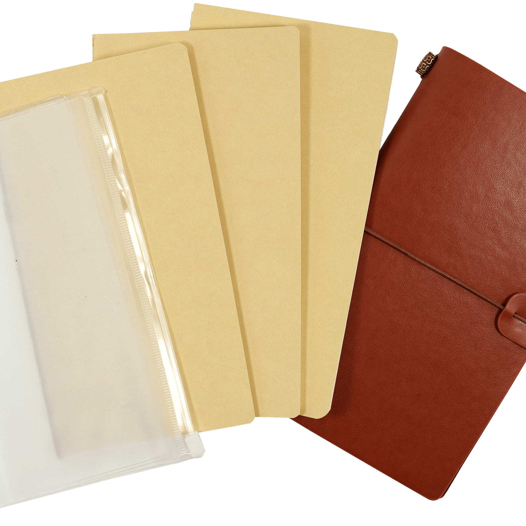 A selection of notebook dividers is displayed. From left to right: a white plastic pouch, two beige dividers, and a closed brown leather cover.