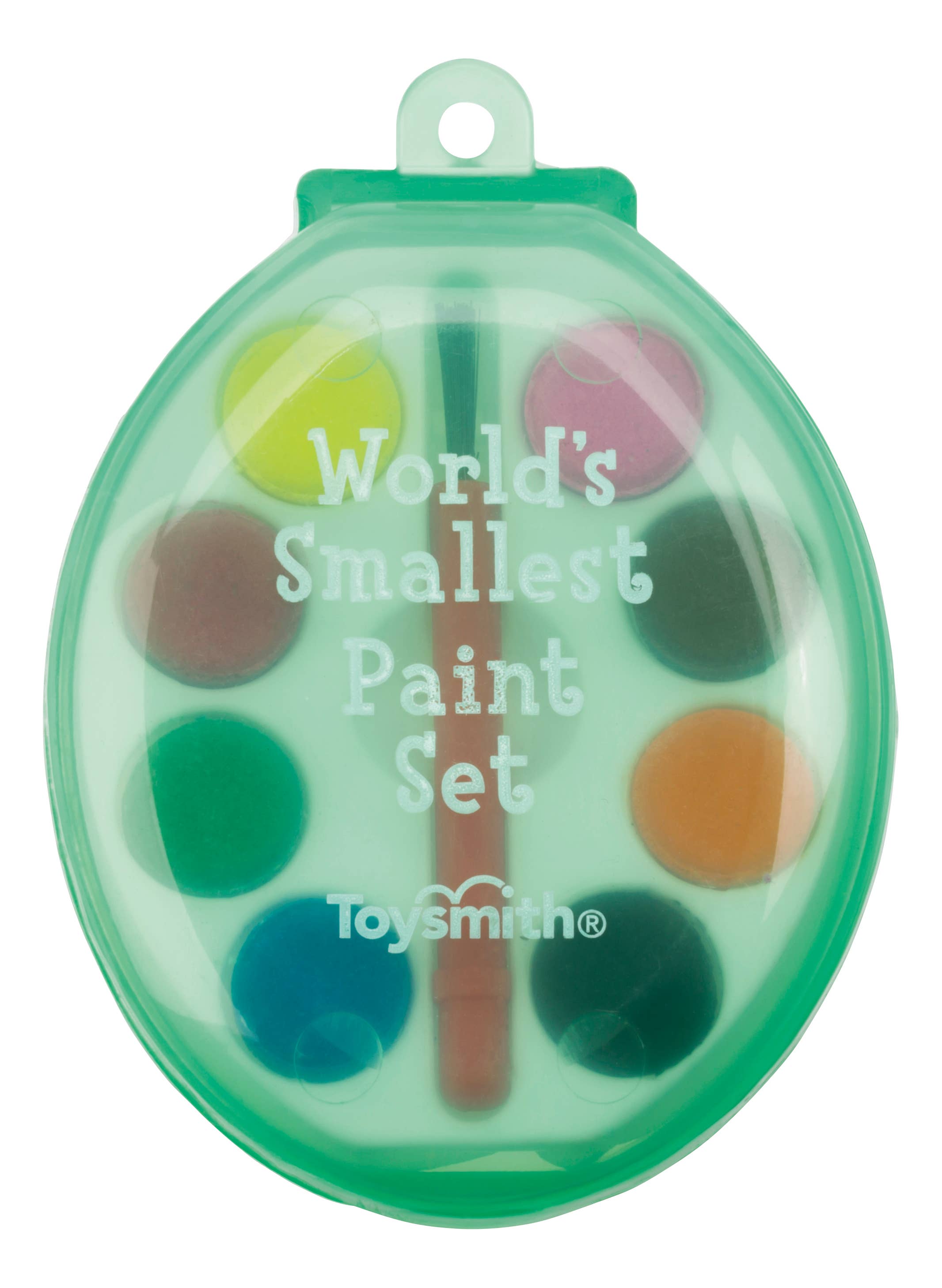 A small, oval paint set with multiple bright colors and a mini brush, labeled "World’s Smallest Paint Set" on a clear, translucent green case.