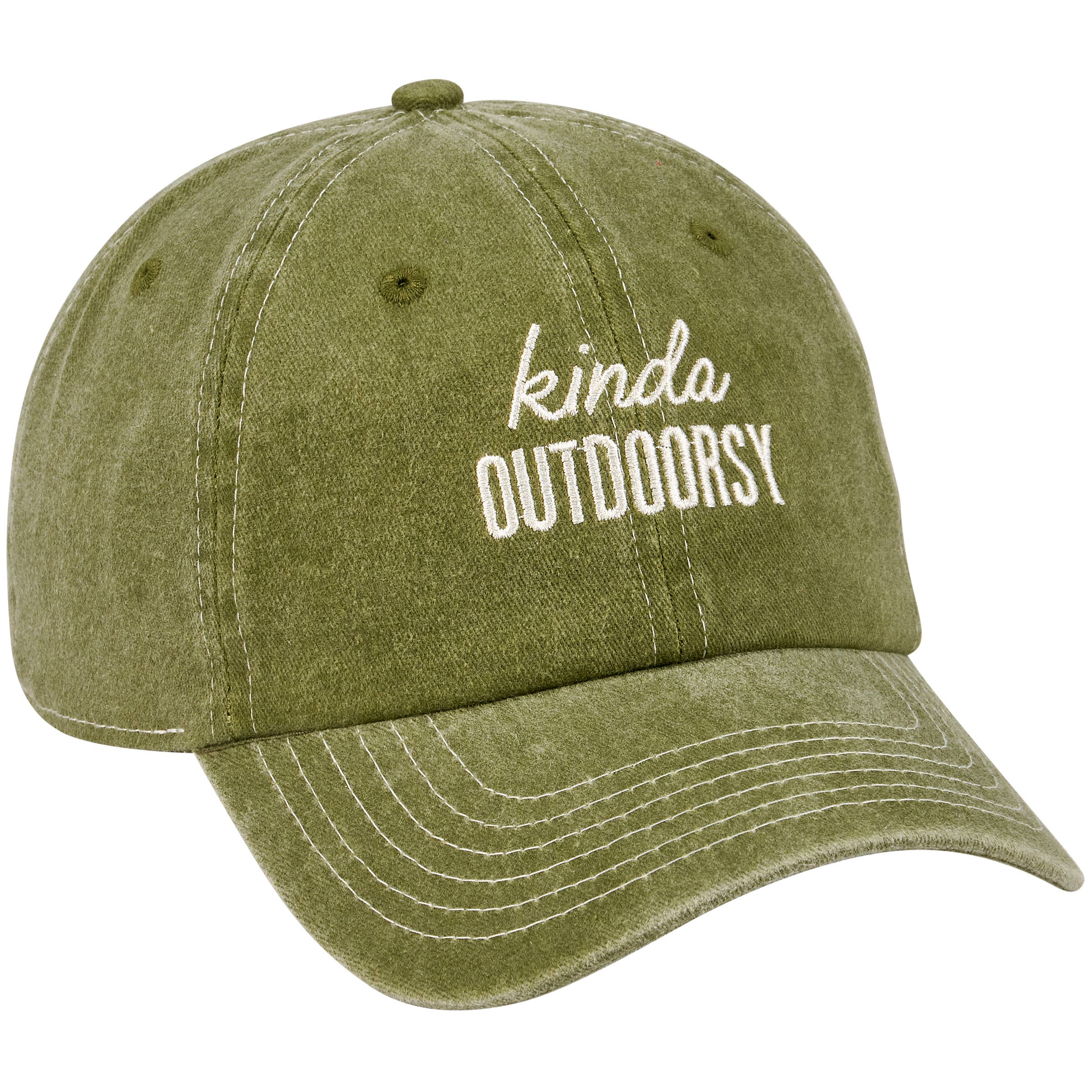 Olive green baseball cap with white stitching and text reading "kinda OUTDOORSY" in a casual font. The cap has a relaxed, laid-back vibe.
