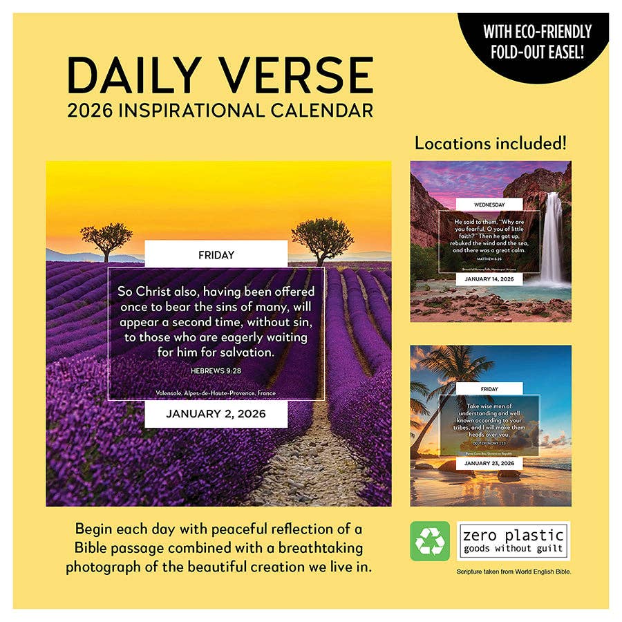 Daily Verse 2026 Inspirational Calendar with eco-friendly fold-out easel. Main image features a serene lavender field at sunset with a Bible verse. Smaller images include a waterfall and a beach with corresponding verses. Text highlights peaceful reflection with nature’s beauty and zero plastic commitment. Dates: January 2, 14, and 23, 2026.