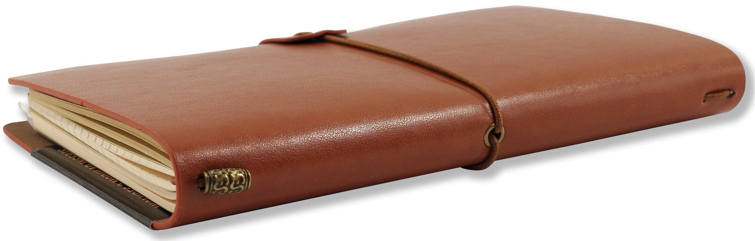 Brown leather notebook with a wraparound cord, closed, resting on a white surface. Pages slightly visible, conveying a vintage, elegant feel.
