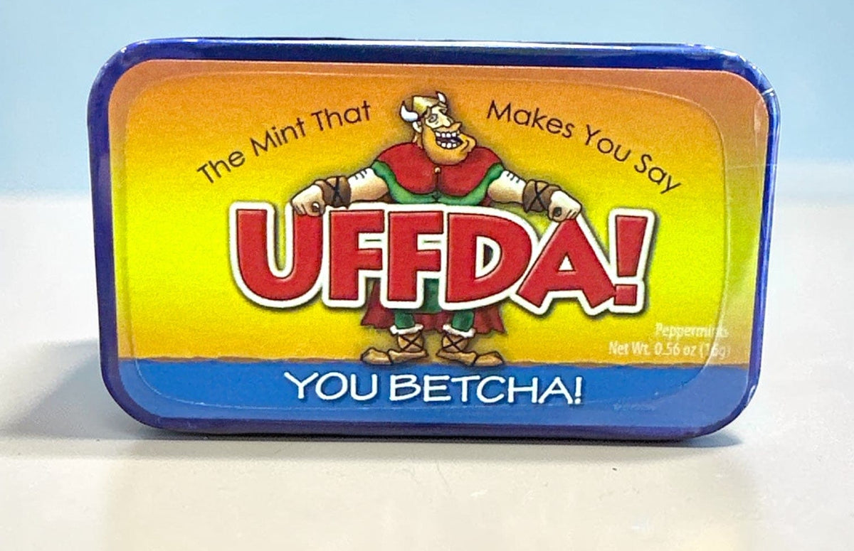 Mint tin with colorful label featuring cartoon character and text “U Betcha!” on a white background