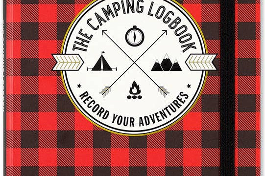 Red and black checkered notebook cover with a circular emblem saying "The Camping Logbook, Record Your Adventures" featuring camping icons.
