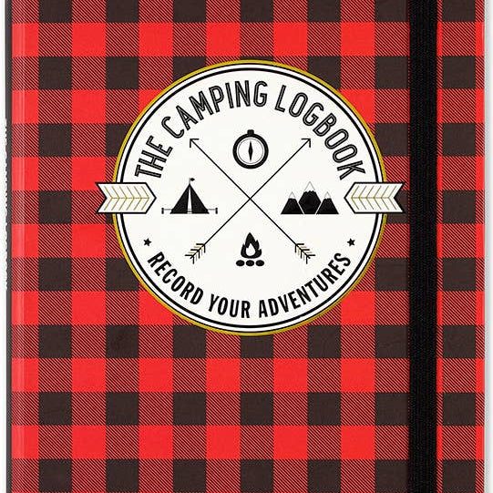 Red and black checkered notebook cover with a circular emblem saying "The Camping Logbook, Record Your Adventures" featuring camping icons.