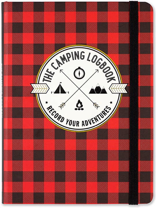 Red and black checkered notebook cover with a circular emblem saying "The Camping Logbook, Record Your Adventures" featuring camping icons.
