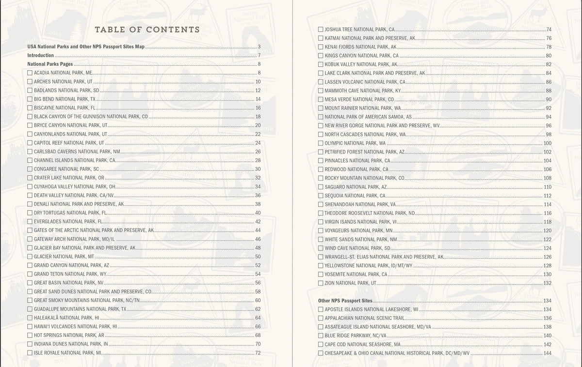Table of contents listing U.S. National Parks and other sites. Two columns with park names and page numbers, set against a textured background.