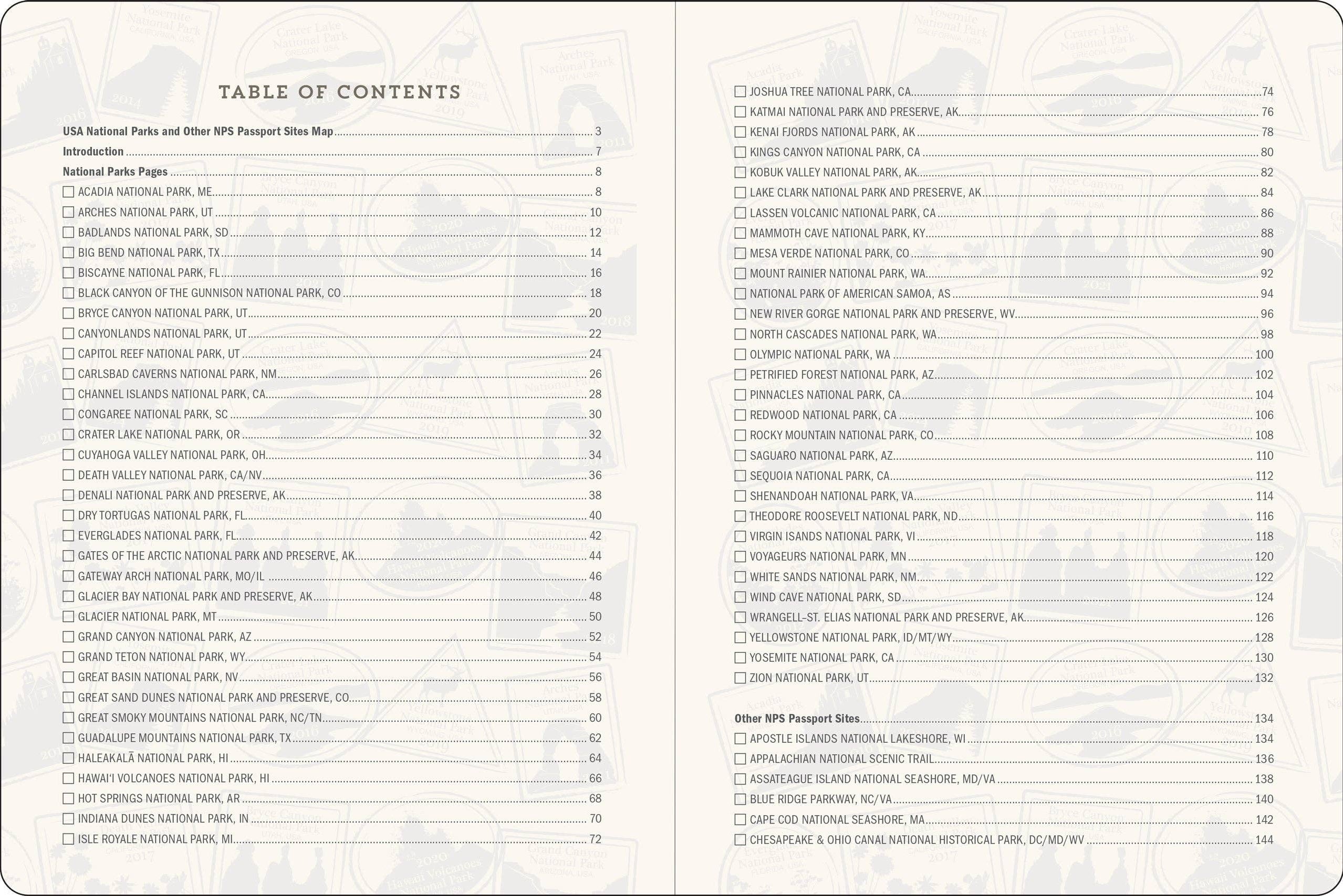 Table of contents listing U.S. National Parks and other sites. Two columns with park names and page numbers, set against a textured background.