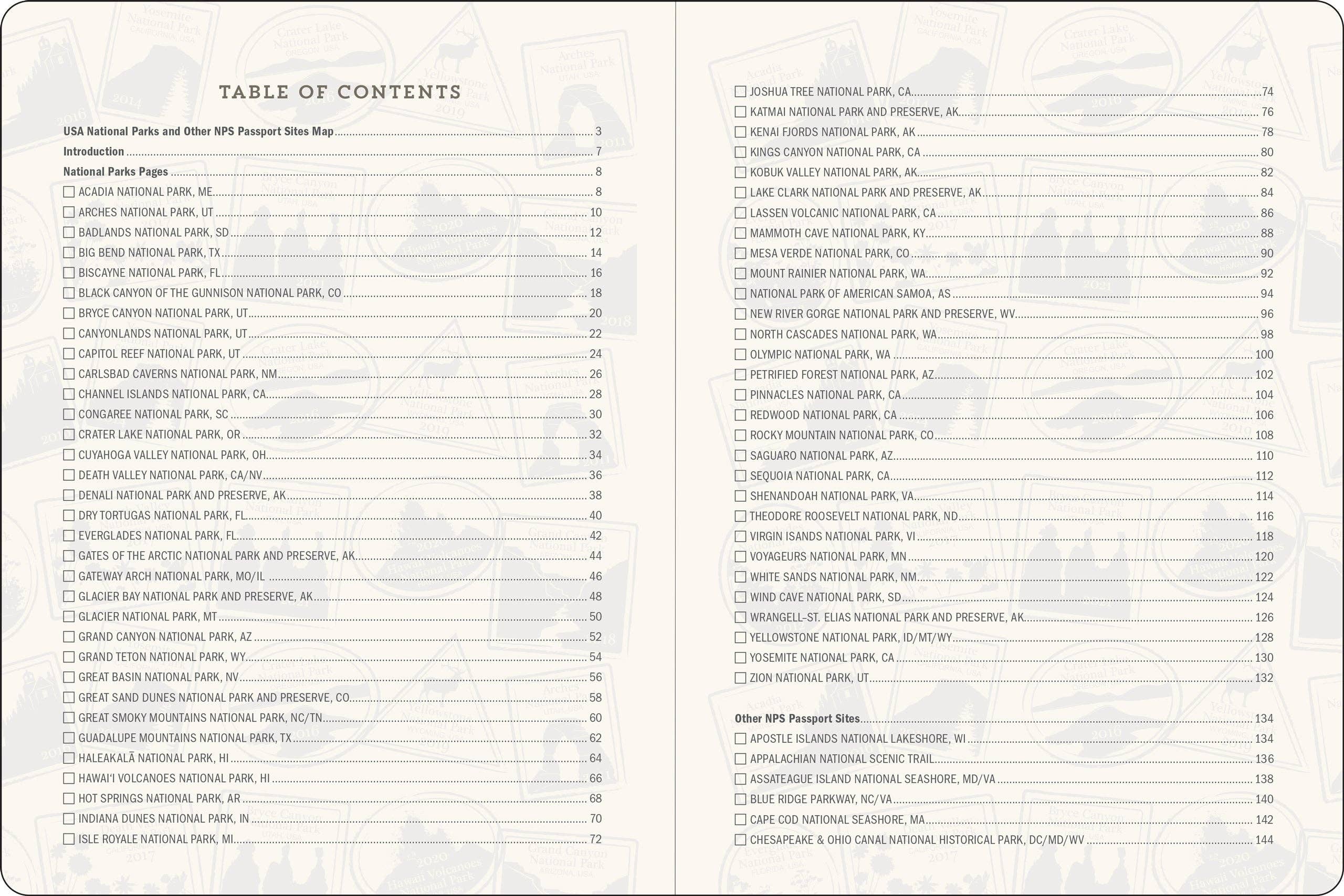 Table of contents listing U.S. National Parks and other sites. Two columns with park names and page numbers, set against a textured background.