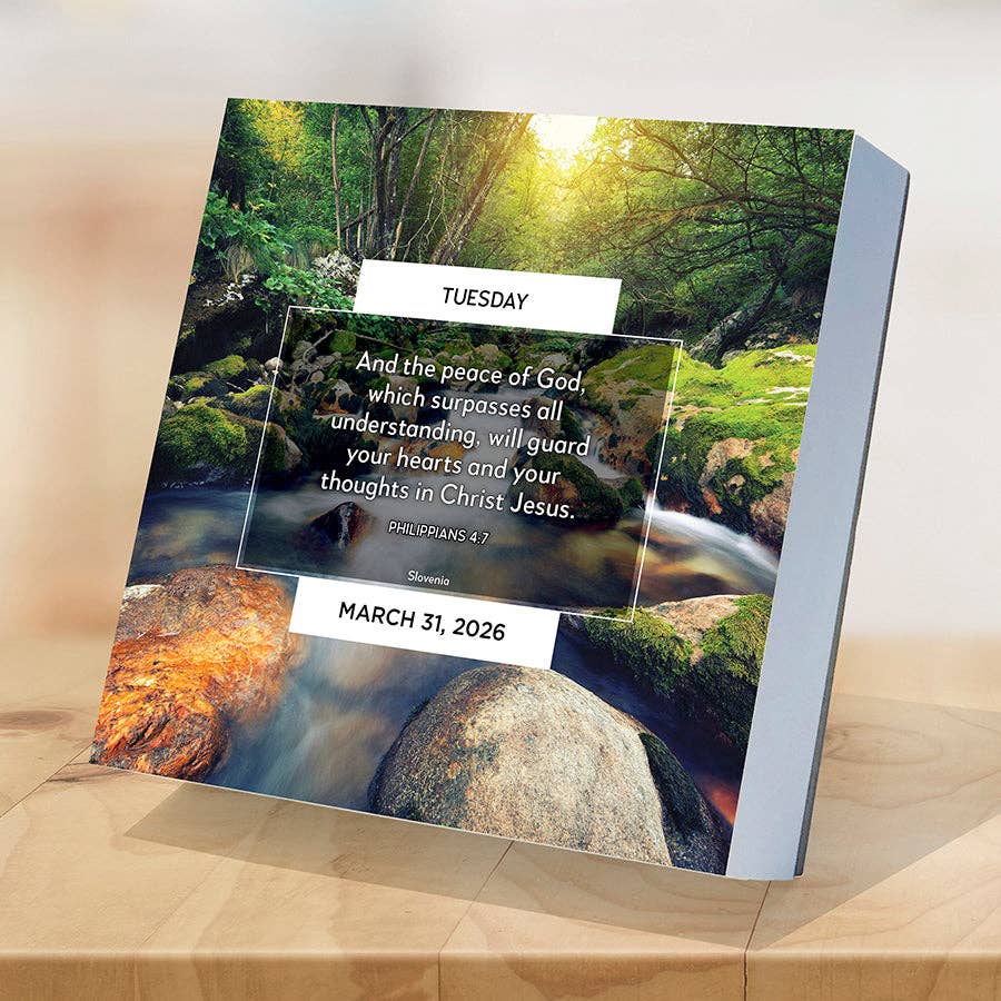 Calendar page displaying a serene forest stream under sunlight, featuring a Bible quote about peace from Philippians 4:7, dated March 31, 2026.