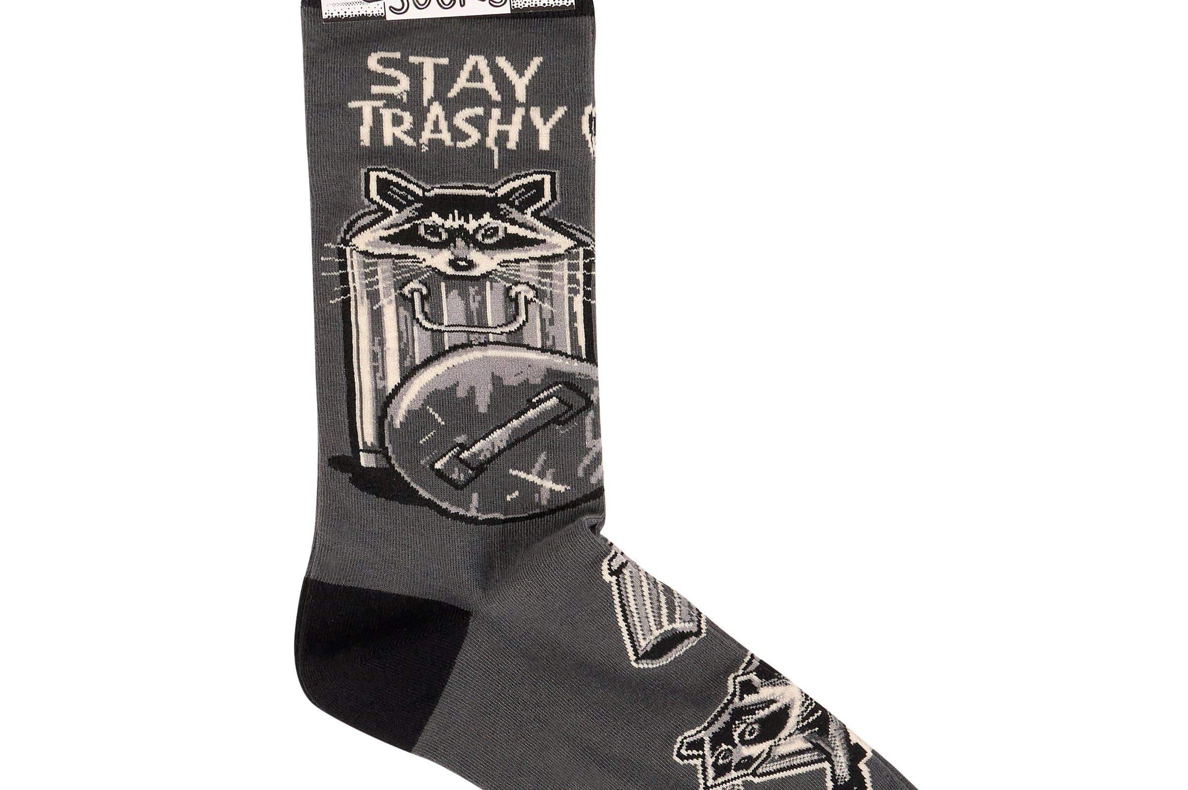 Gray sock with raccoon design and 'Stay Trashy' text on a white background
