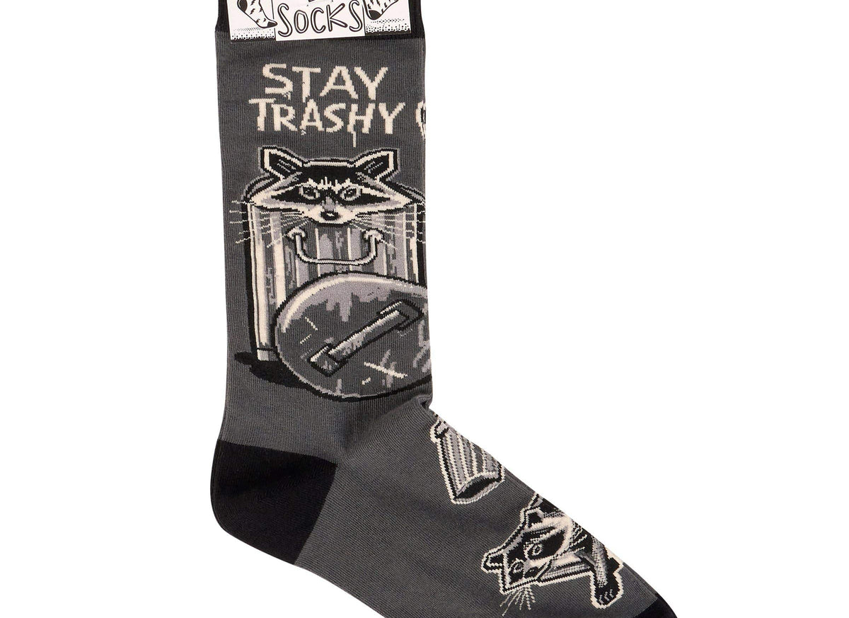 Gray sock with raccoon design and 'Stay Trashy' text on a white background