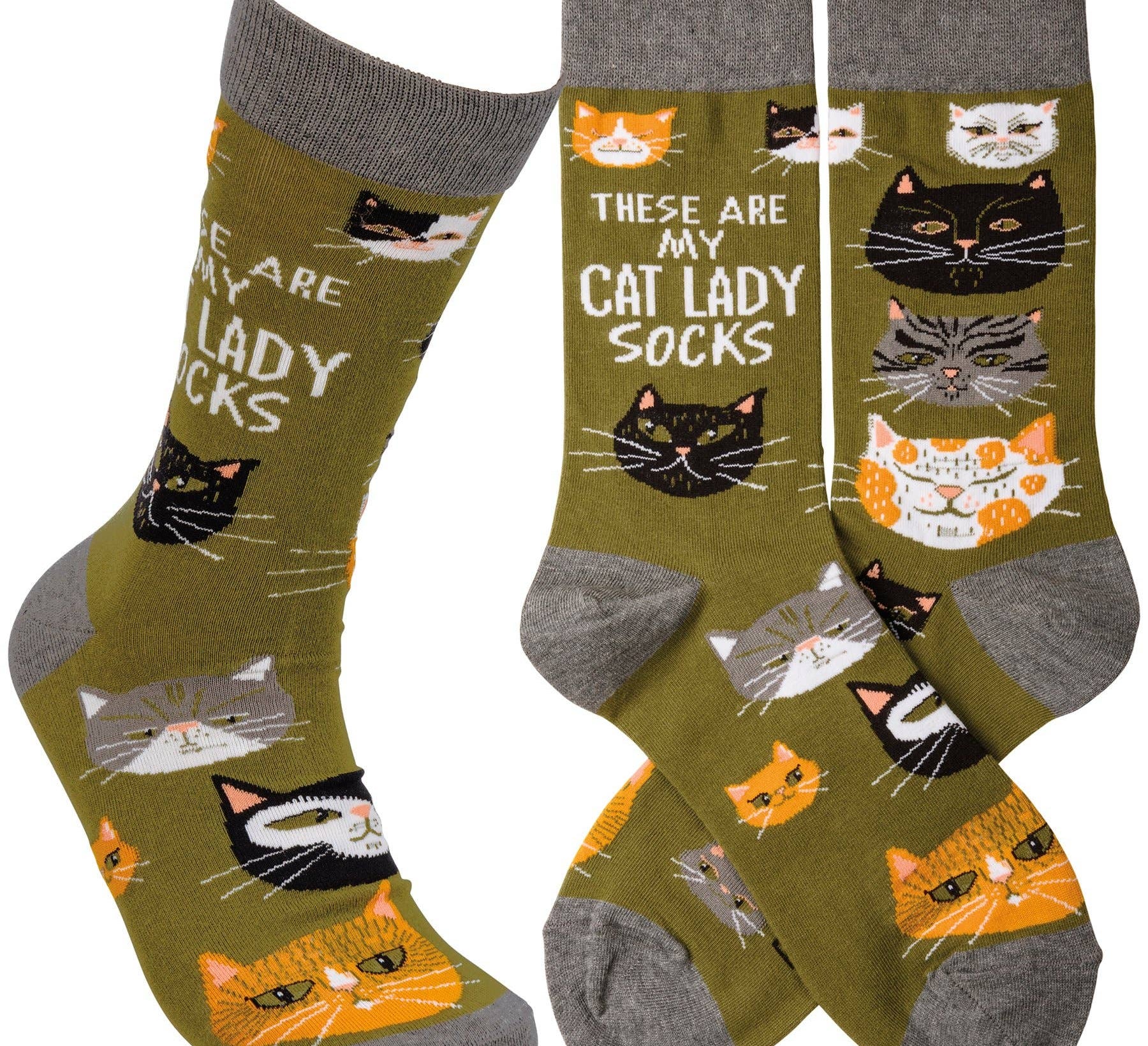 Pair of socks with cat illustrations and text on a white background