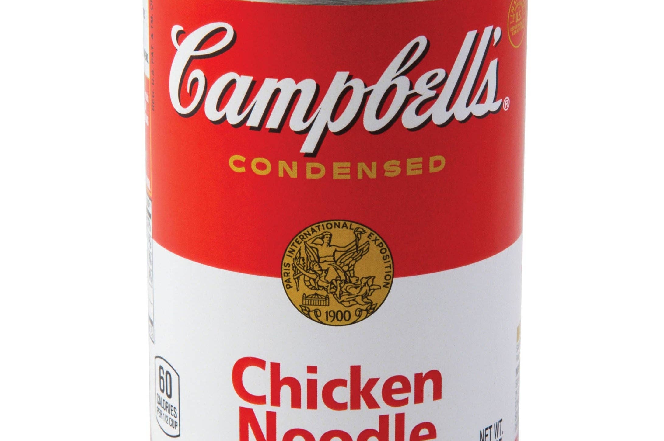 A can of Campbell's Chicken Noodle Soup with a red and white label. The words "Condensed" and "Chicken Noodle Soup" are prominently displayed.