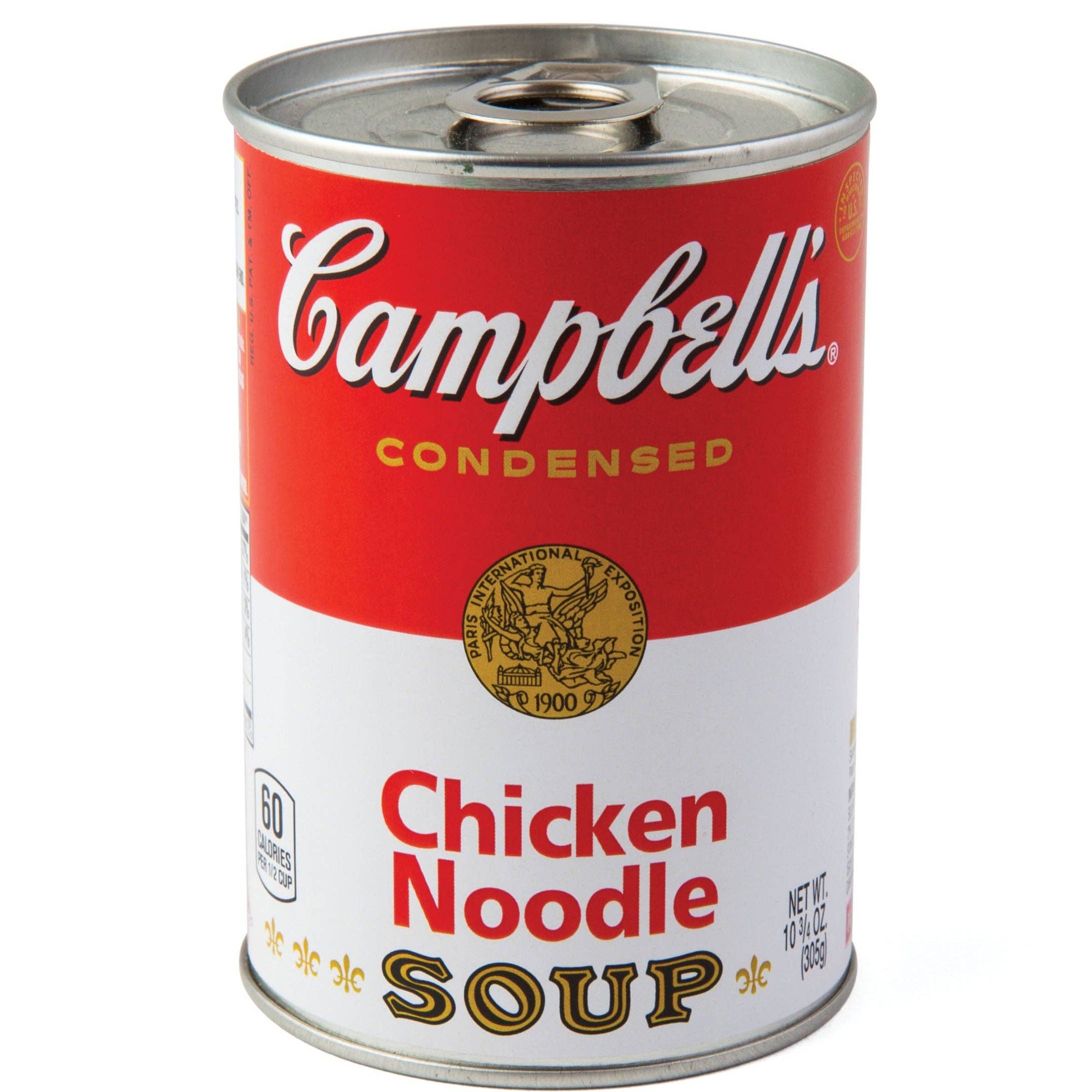 A can of Campbell's Chicken Noodle Soup with a red and white label. The words "Condensed" and "Chicken Noodle Soup" are prominently displayed.