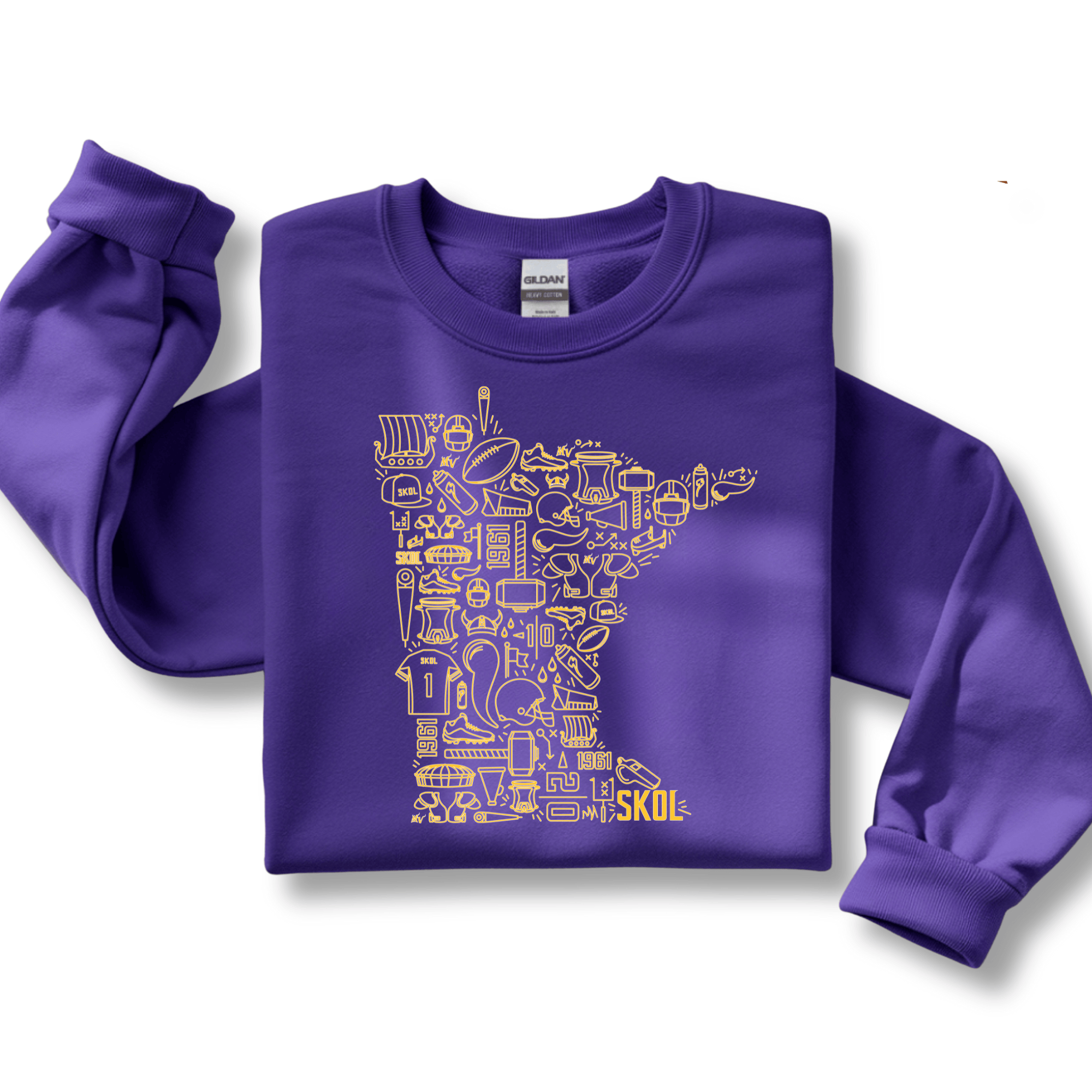 Purple sweatshirt with yellow graphic design on a white background