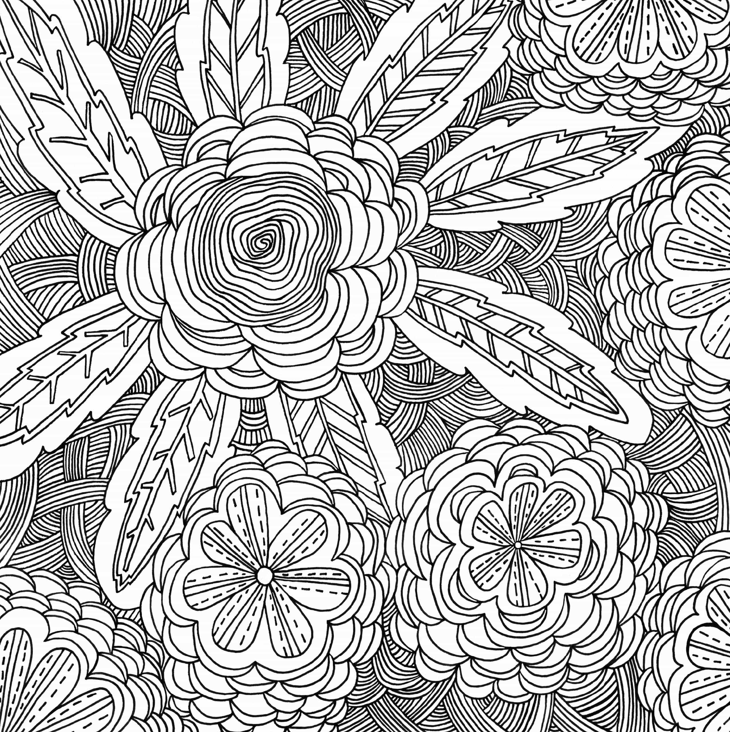 Intricate black-and-white floral pattern featuring swirling flowers and elongated leaves. Detailed linework creates a sense of depth and texture.