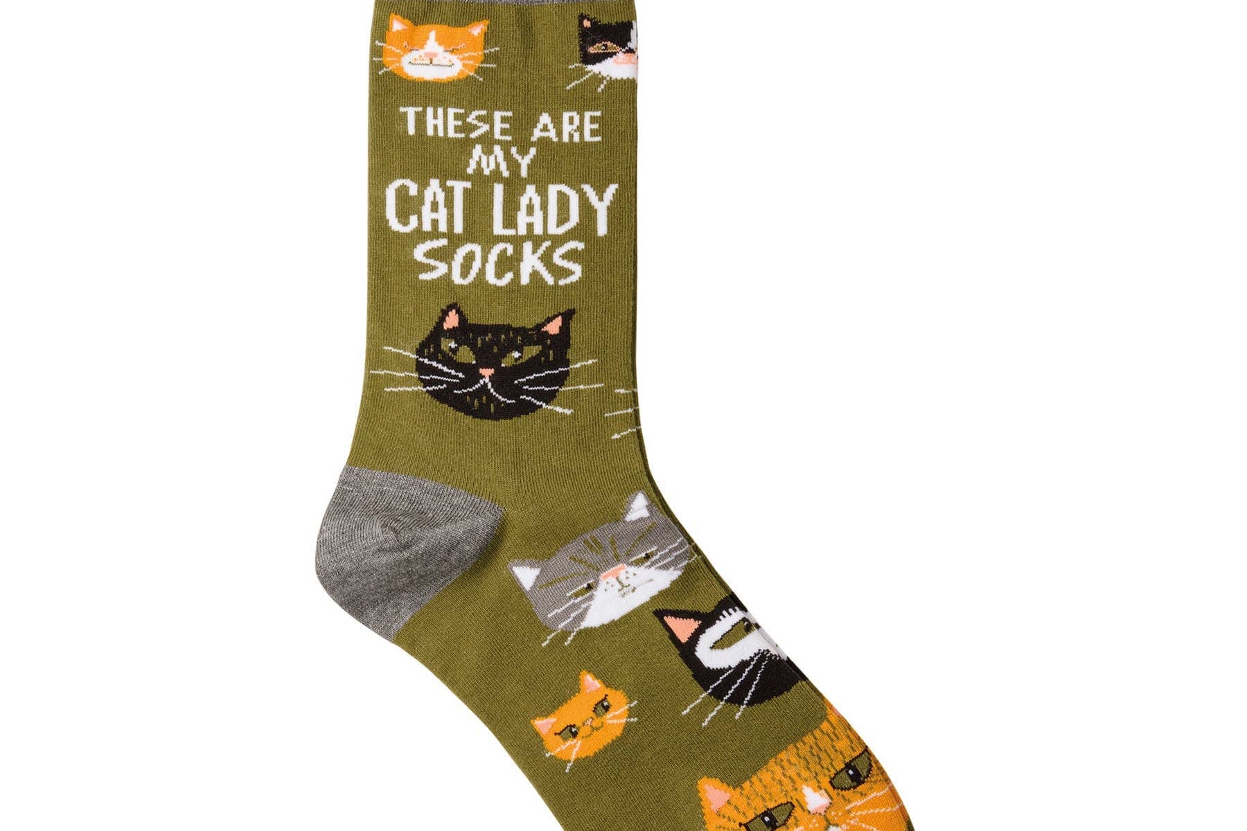 Sock with cat designs and text 'These are my cat lady socks' on a white background