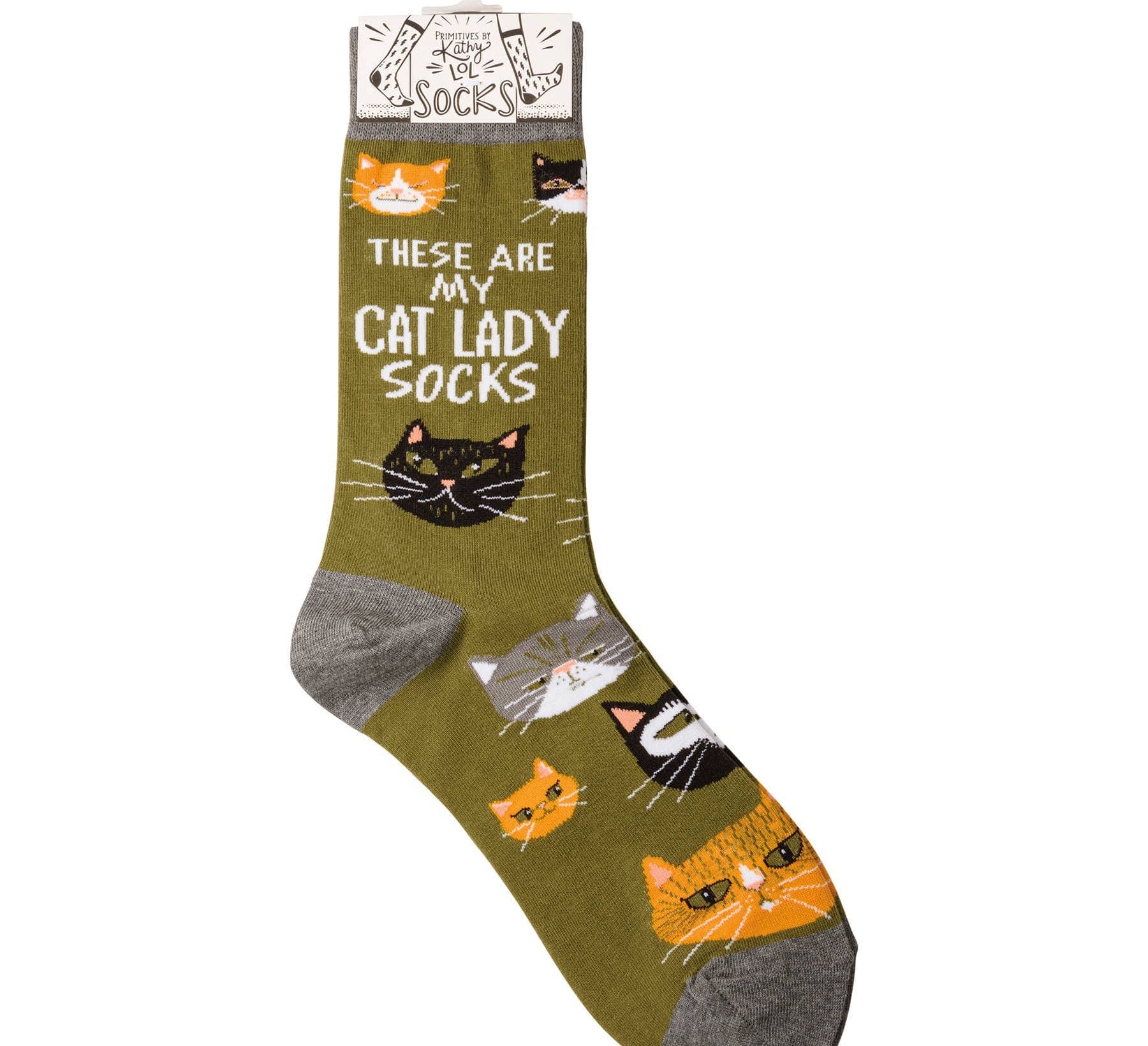Sock with cat designs and text 'These are my cat lady socks' on a white background