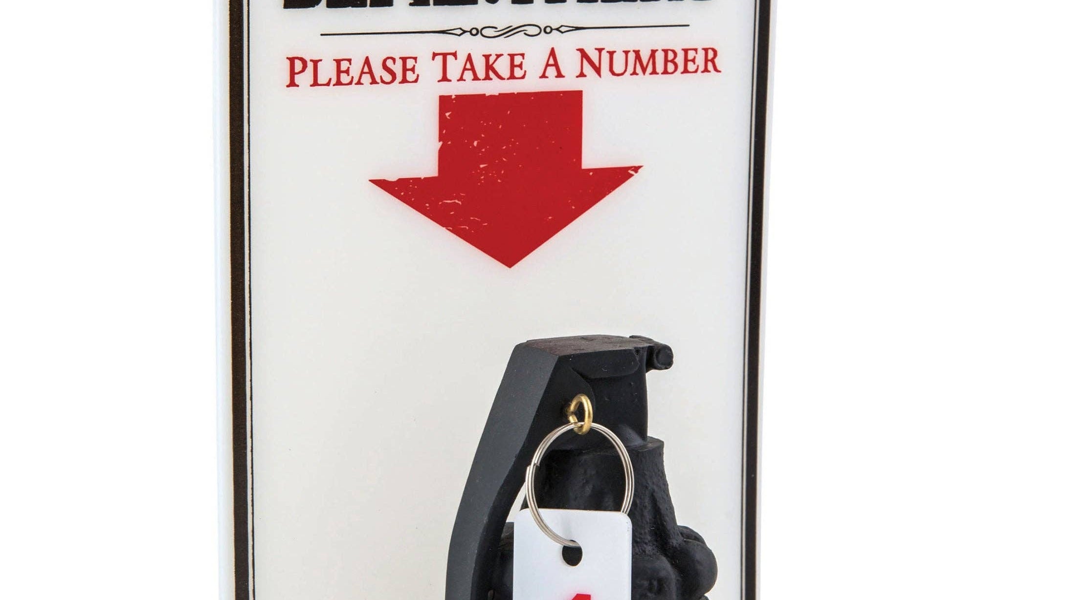 "Sign reading 'Complaint Department: Please Take a Number' with an arrow pointing to a hanging grenade labeled with a number 1 tag, conveying humor and sarcasm."