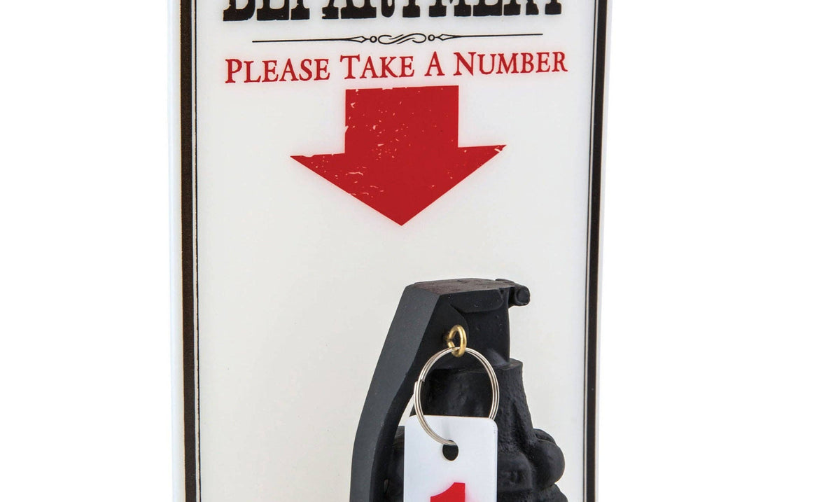 "Sign reading 'Complaint Department: Please Take a Number' with an arrow pointing to a hanging grenade labeled with a number 1 tag, conveying humor and sarcasm."