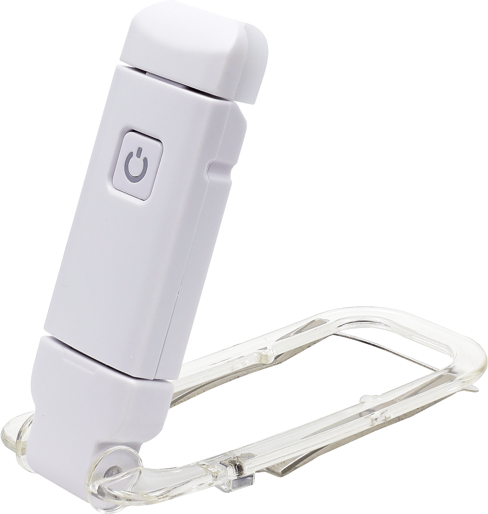 A white, compact folding fan with a transparent handle and power button, set against a transparent background. The design is minimalistic and modern.