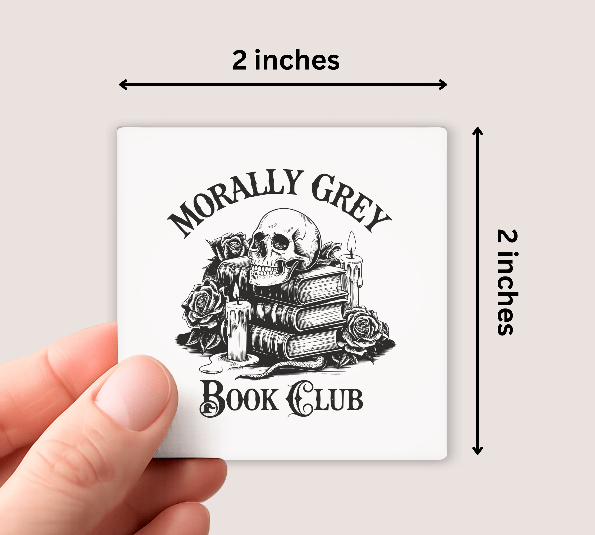 Magnet with 'Morally Grey Book Club' design held by a hand, showing dimensions on a light gray background.