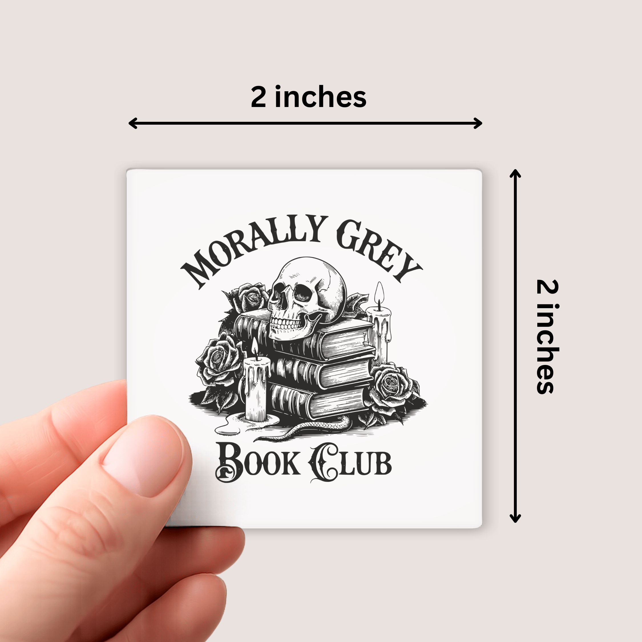 Magnet with 'Morally Grey Book Club' design held by a hand, showing dimensions on a light gray background.