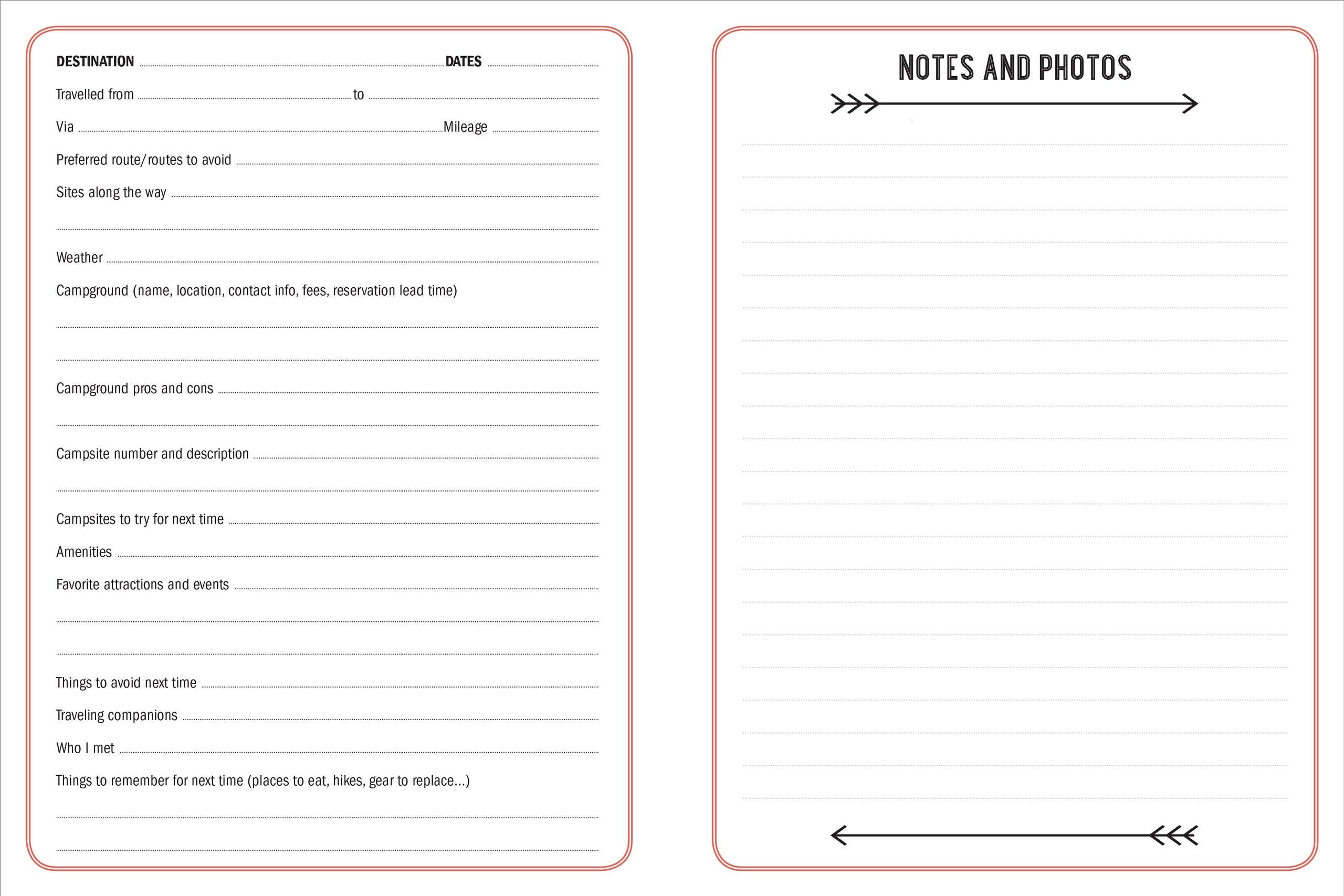 Two-page camping journal template; left page for trip details like destinations and weather; right page for notes and photos, featuring arrows for decoration.