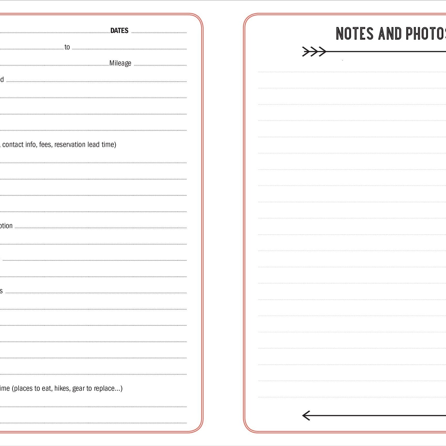 Two-page camping journal template; left page for trip details like destinations and weather; right page for notes and photos, featuring arrows for decoration.