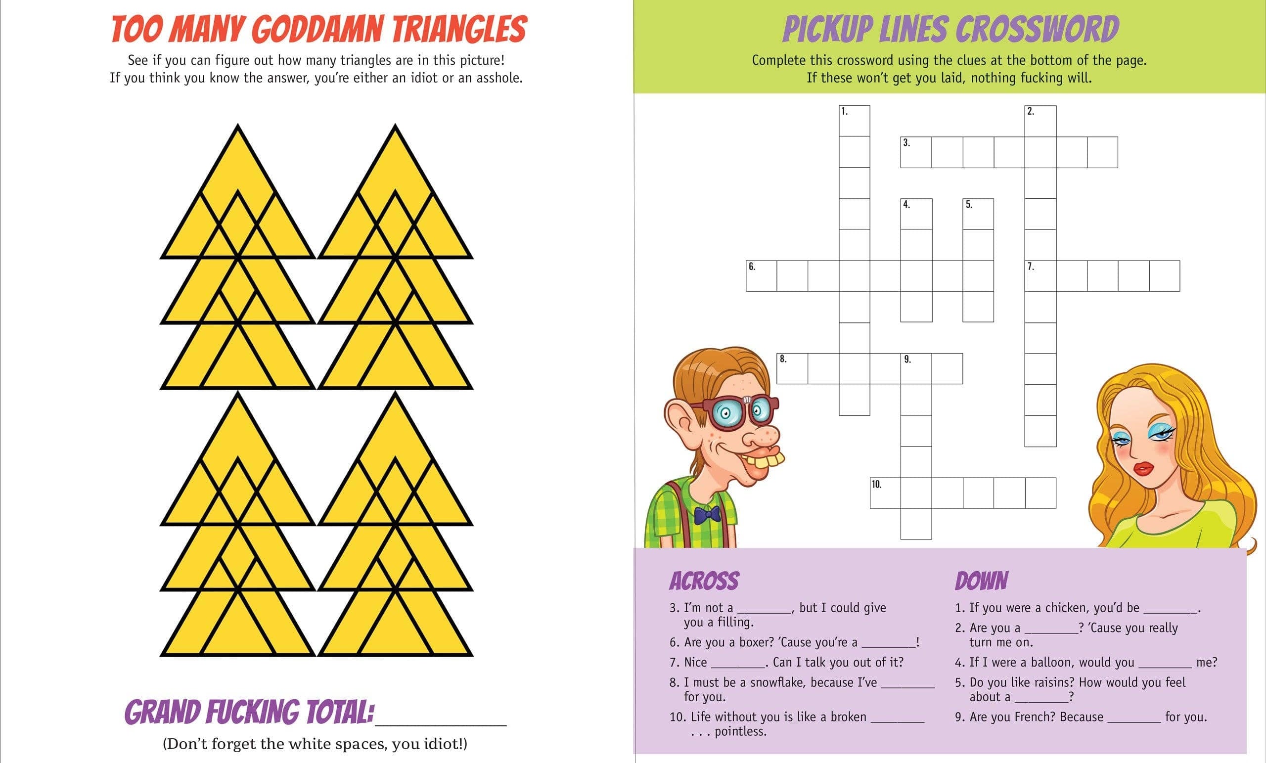 On the left, yellow triangles overlap within a larger triangle under "Too Many Goddamn Triangles." On the right, a crossword titled "Pickup Lines Crossword" has humorous clues, a cartoon man and woman at the bottom. The tone is sarcastic and playful.