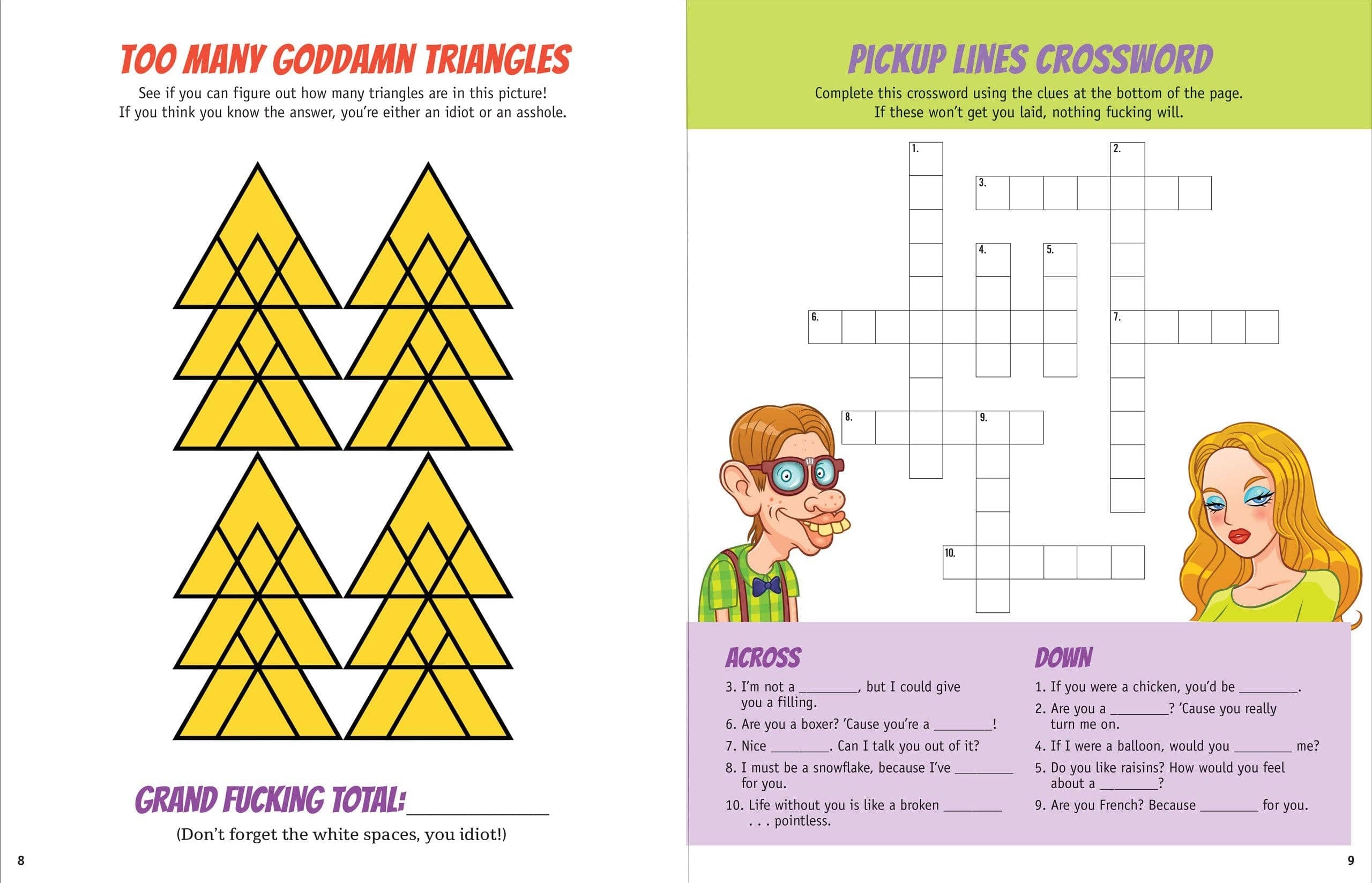 On the left, yellow triangles overlap within a larger triangle under "Too Many Goddamn Triangles." On the right, a crossword titled "Pickup Lines Crossword" has humorous clues, a cartoon man and woman at the bottom. The tone is sarcastic and playful.