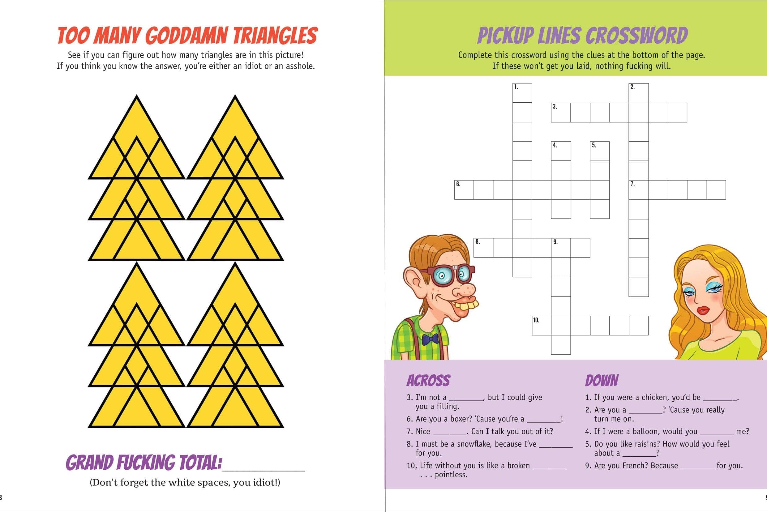 On the left, yellow triangles overlap within a larger triangle under "Too Many Goddamn Triangles." On the right, a crossword titled "Pickup Lines Crossword" has humorous clues, a cartoon man and woman at the bottom. The tone is sarcastic and playful.