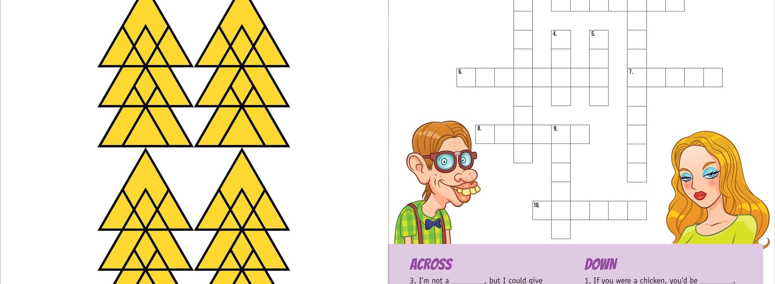 On the left, yellow triangles overlap within a larger triangle under "Too Many Goddamn Triangles." On the right, a crossword titled "Pickup Lines Crossword" has humorous clues, a cartoon man and woman at the bottom. The tone is sarcastic and playful.